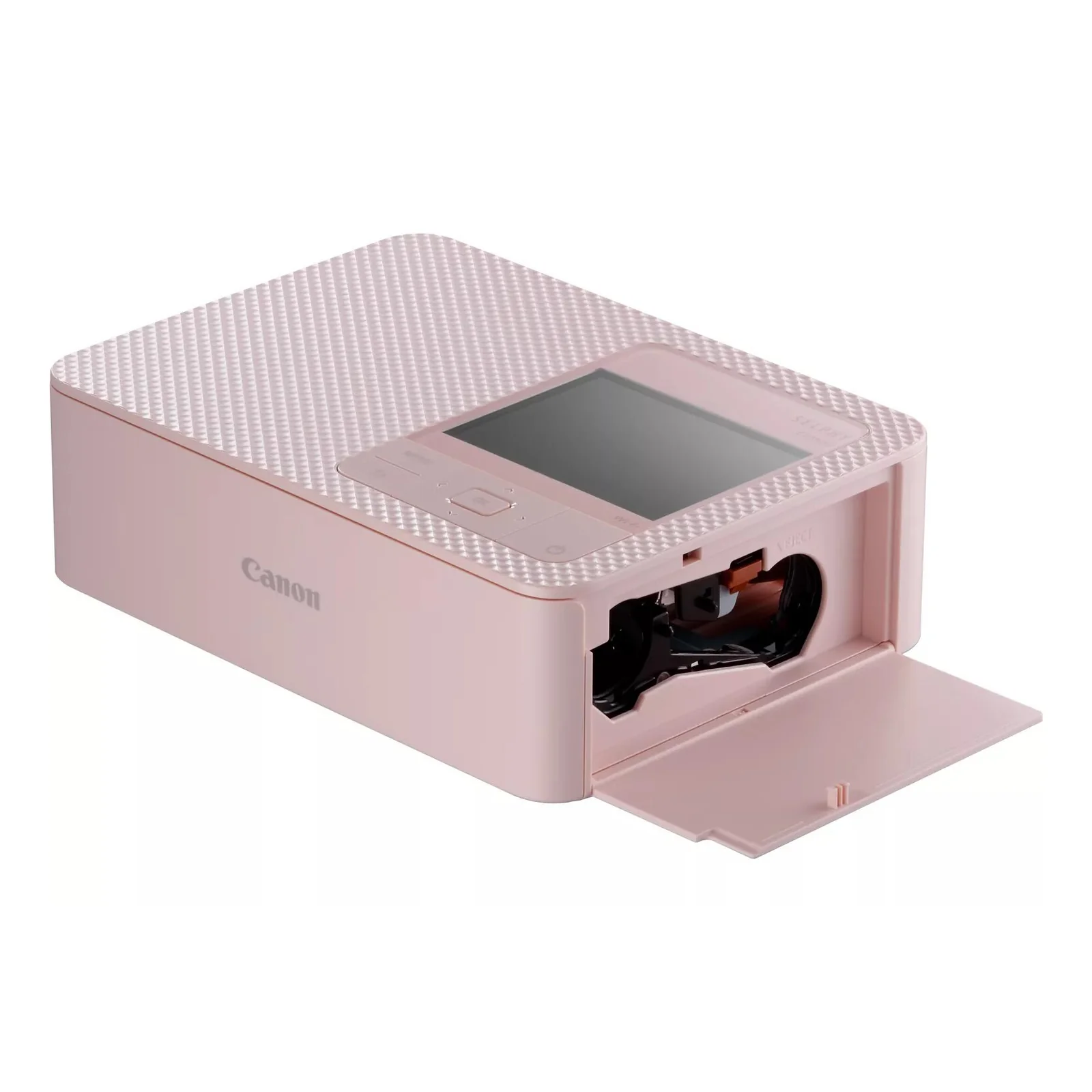 Imprimante SELPHY CP1500 rose ouverte sur le compartiment cassette d'encre