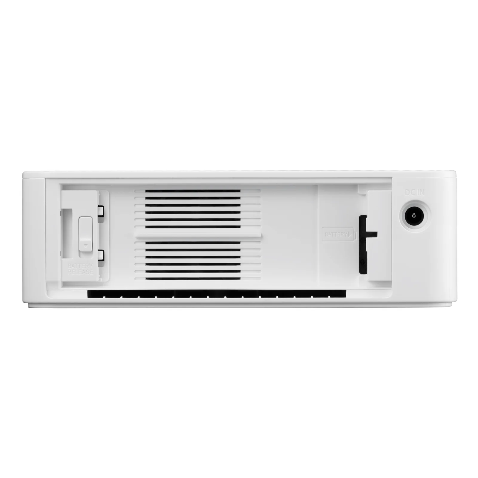 Vue arrière blanche de la SELPHY CP1500 avec compartiment batterie et prise DC IN