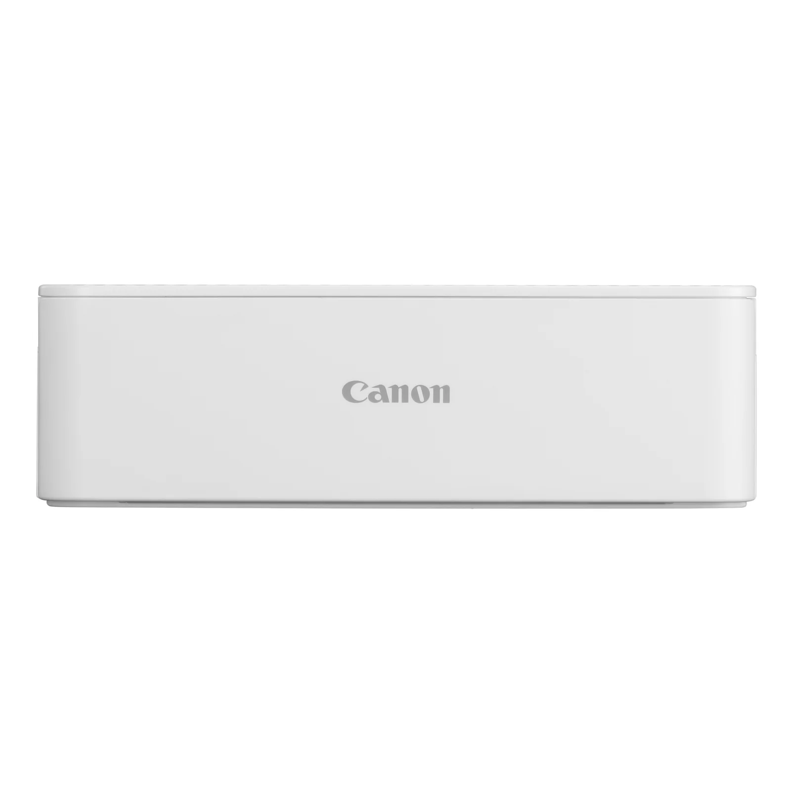 Vue avant fermée du boîtier blanc Canon SELPHY CP1500 avec discret logo Canon centré
