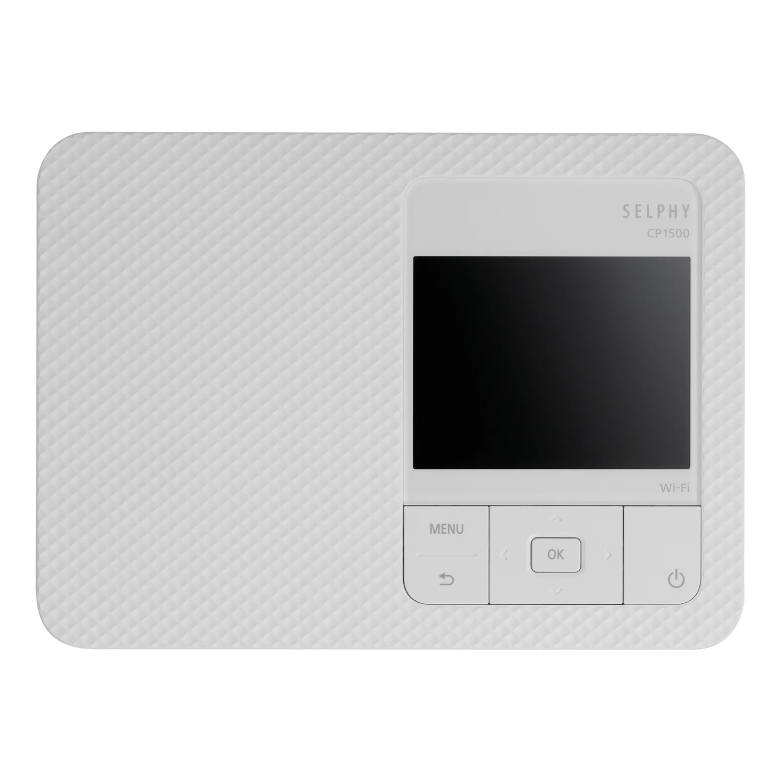 Vue de dessus de la SELPHY CP1500 montrant texture diamant blanche et écran LCD éteint