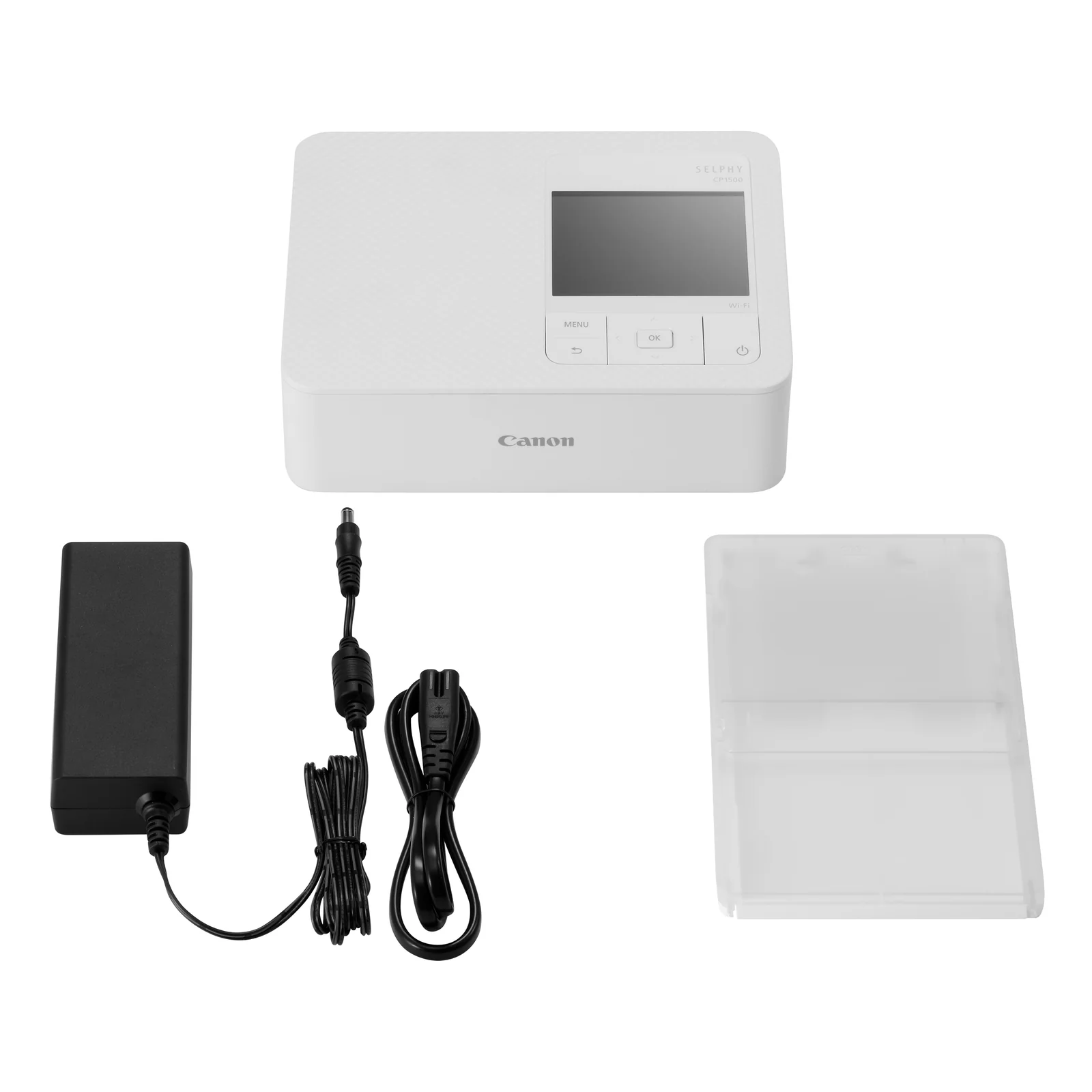 Contenu de la boîte SELPHY CP1500 avec imprimante blanche, adaptateur secteur noir et cassette papier