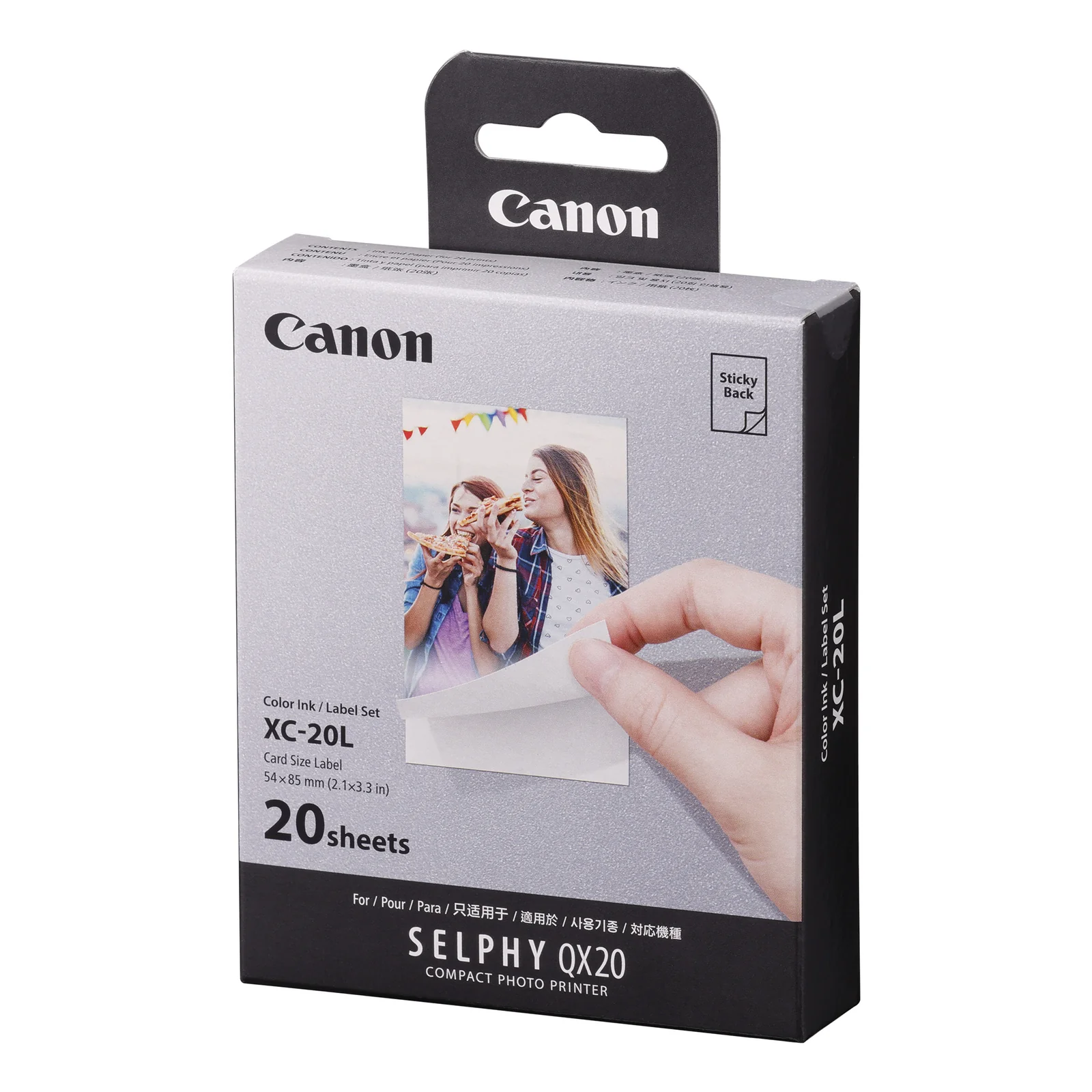 Emballage Canon XC-20L de profil, étiquette Color Ink Label Set 54 x 85 mm visible sur la face avant