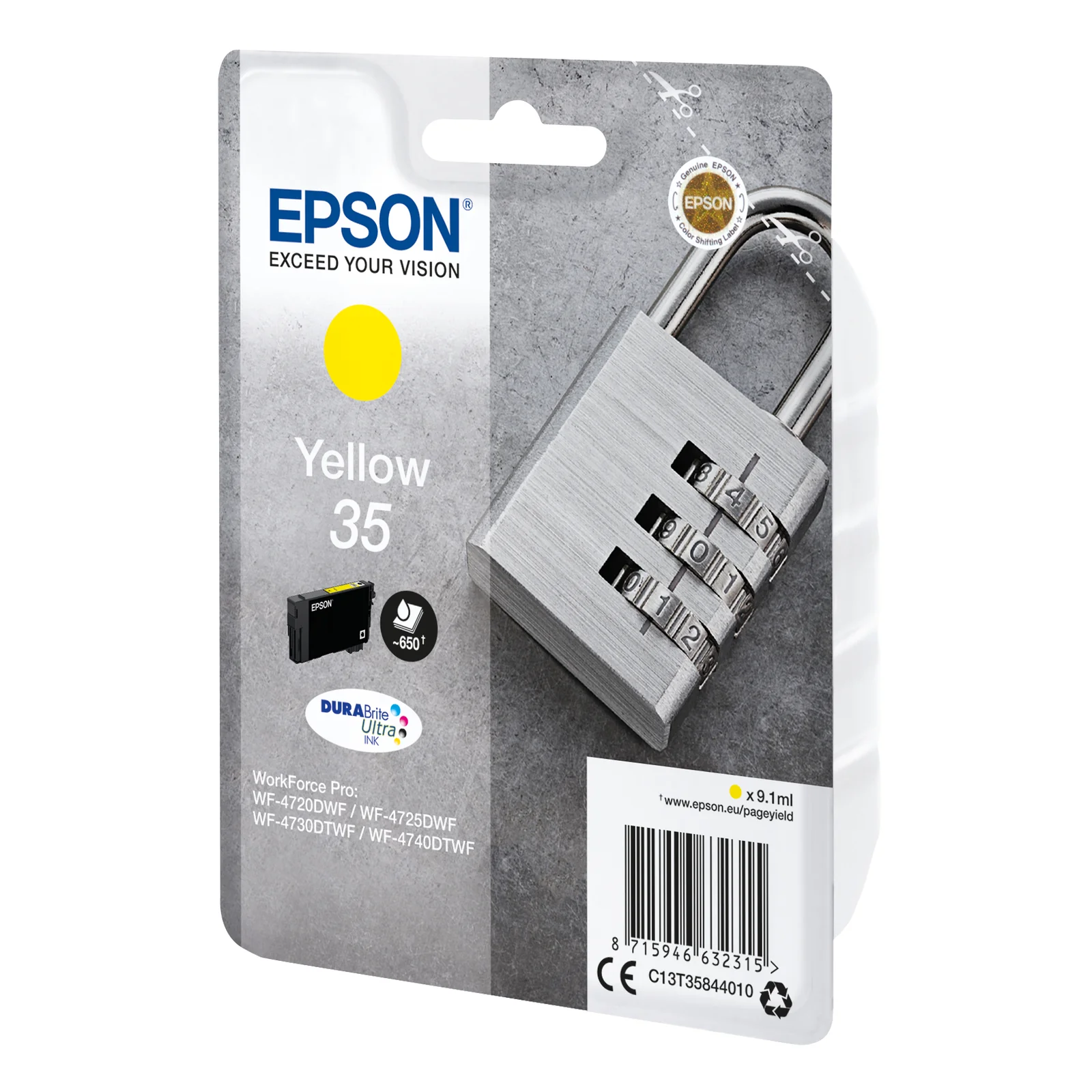 Vue de côté du blister Epson 35 jaune cadenas avec cartouche DURABrite Ultra