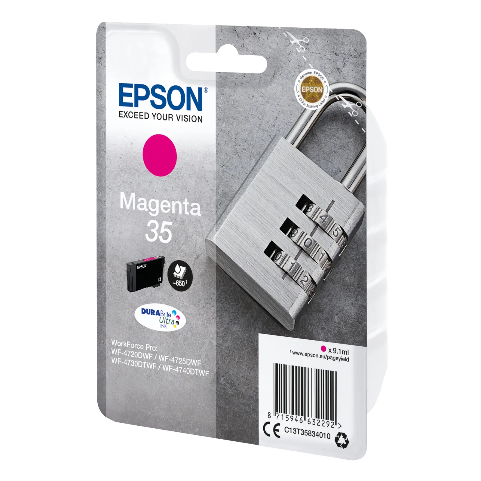 Vue de côté du blister Epson 35 magenta cadenas avec cartouche DURABrite Ultra
