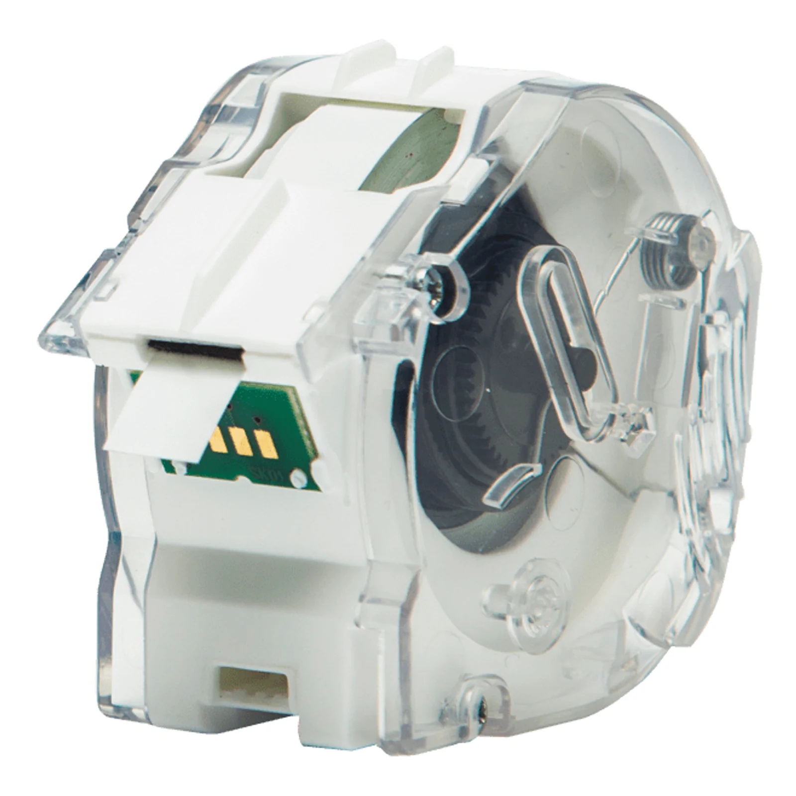 Cassette transparente Brother CZ-1001 vue de trois quarts avec puce électronique verte et dorée