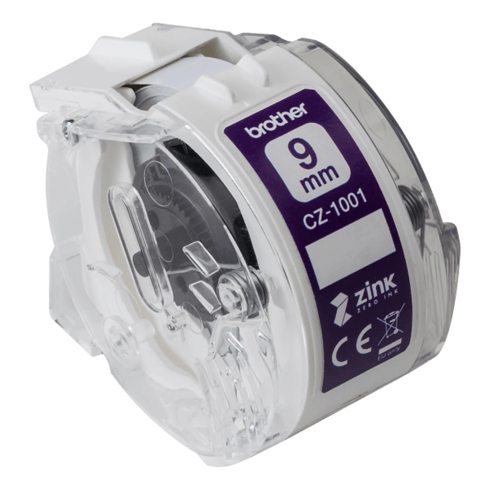 Cassette Brother CZ-1001 9 mm avec étiquette violette indiquant la largeur et le logo ZINK
