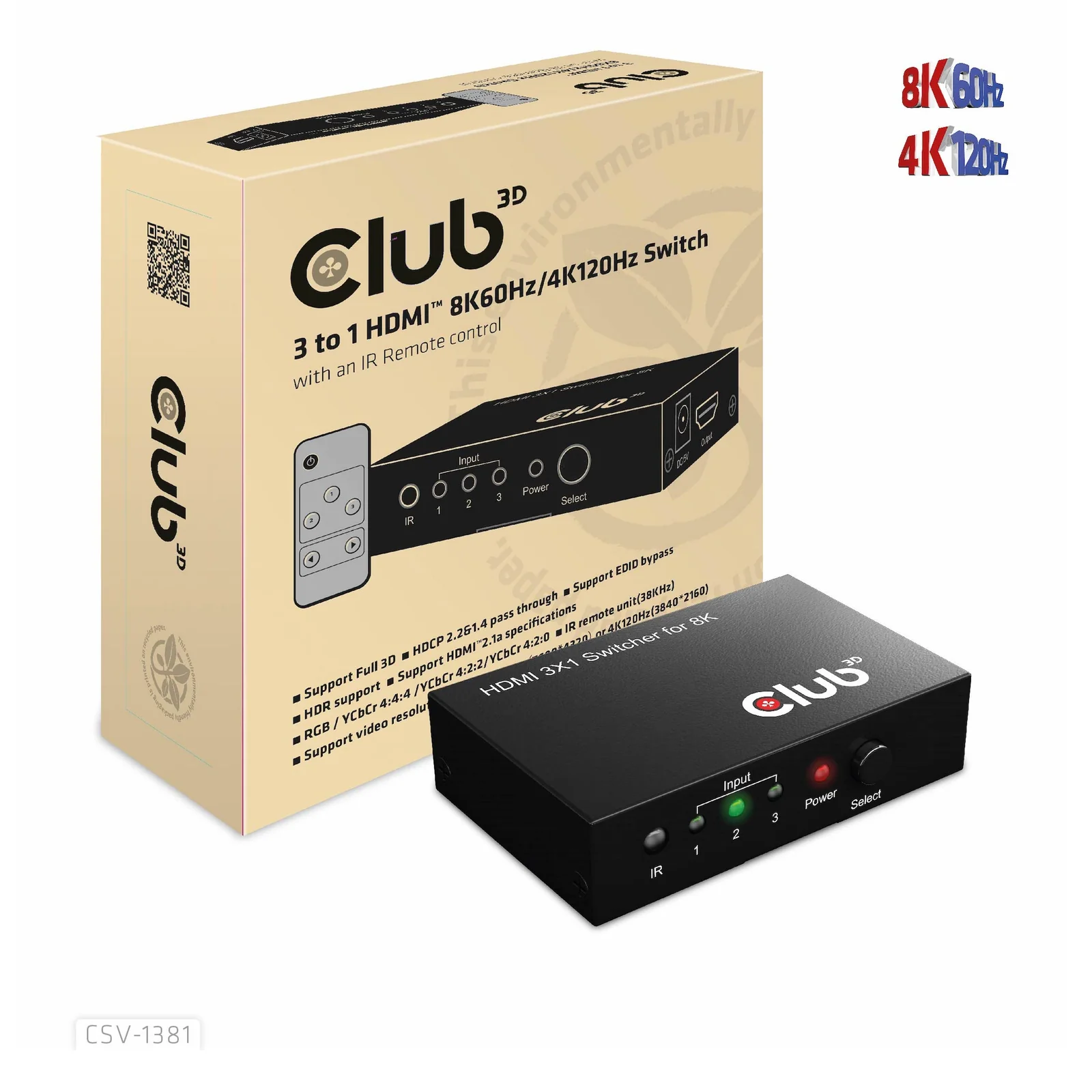 CLUB3D 3 to 1 HDMI 8K60Hz Switch commutateur écran, clavier et souris Noir