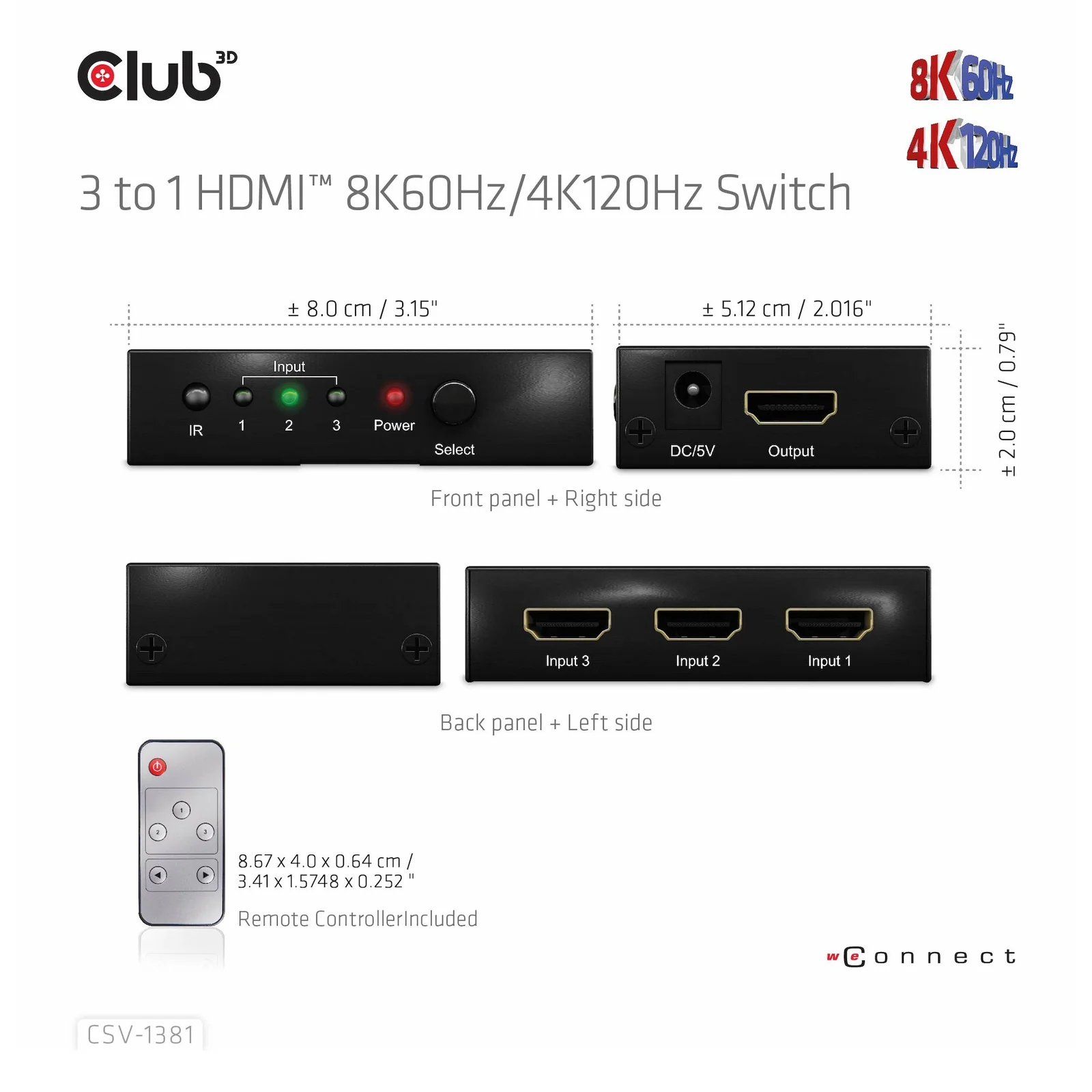 CLUB3D 3 to 1 HDMI 8K60Hz Switch commutateur écran, clavier et souris Noir