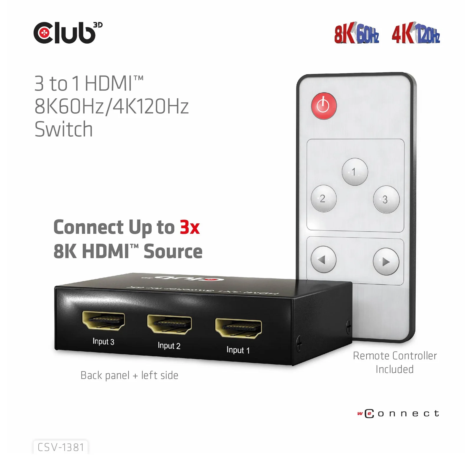 CLUB3D 3 to 1 HDMI 8K60Hz Switch commutateur écran, clavier et souris Noir