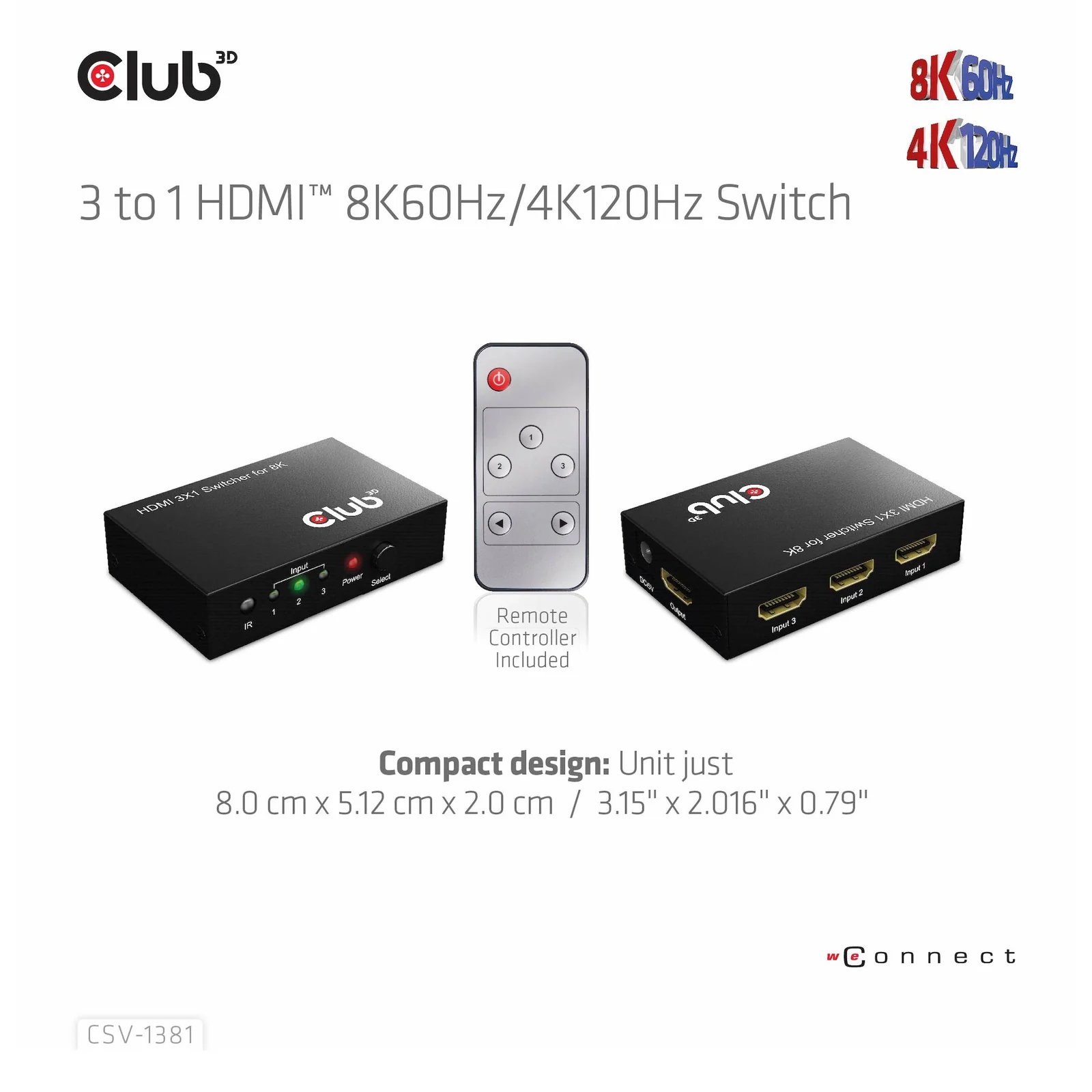 CLUB3D 3 to 1 HDMI 8K60Hz Switch commutateur écran, clavier et souris Noir