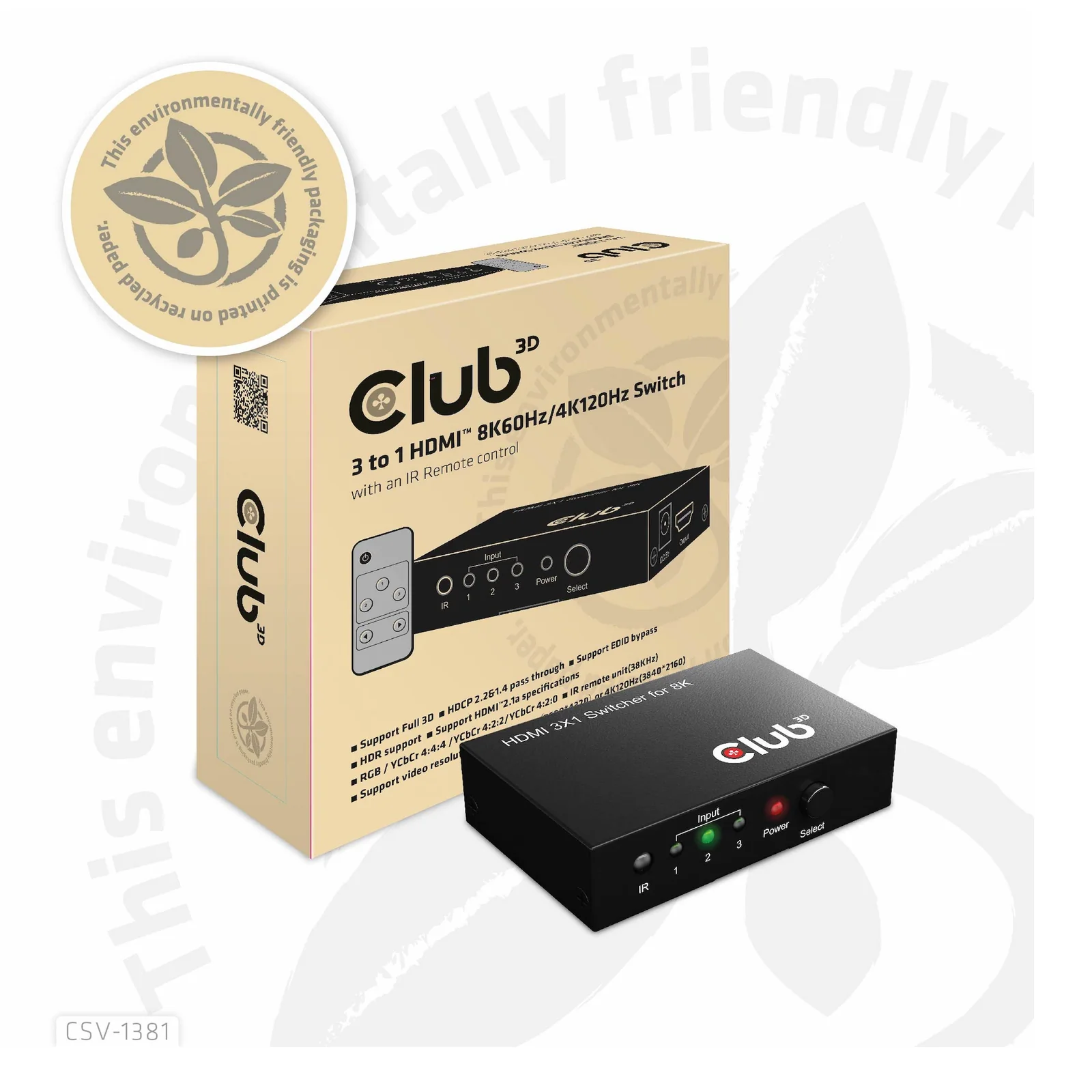 CLUB3D 3 to 1 HDMI 8K60Hz Switch commutateur écran, clavier et souris Noir