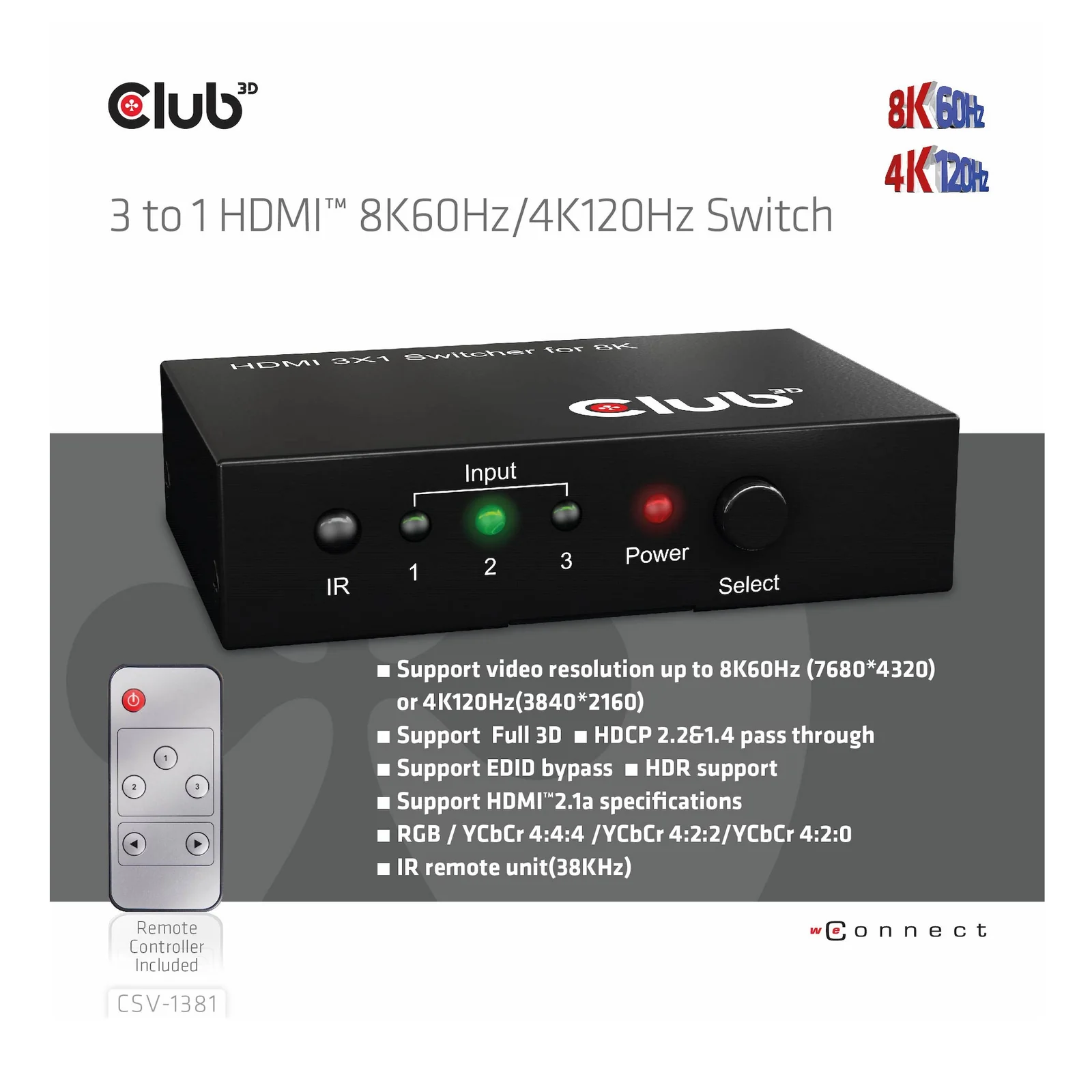 CLUB3D 3 to 1 HDMI 8K60Hz Switch commutateur écran, clavier et souris Noir