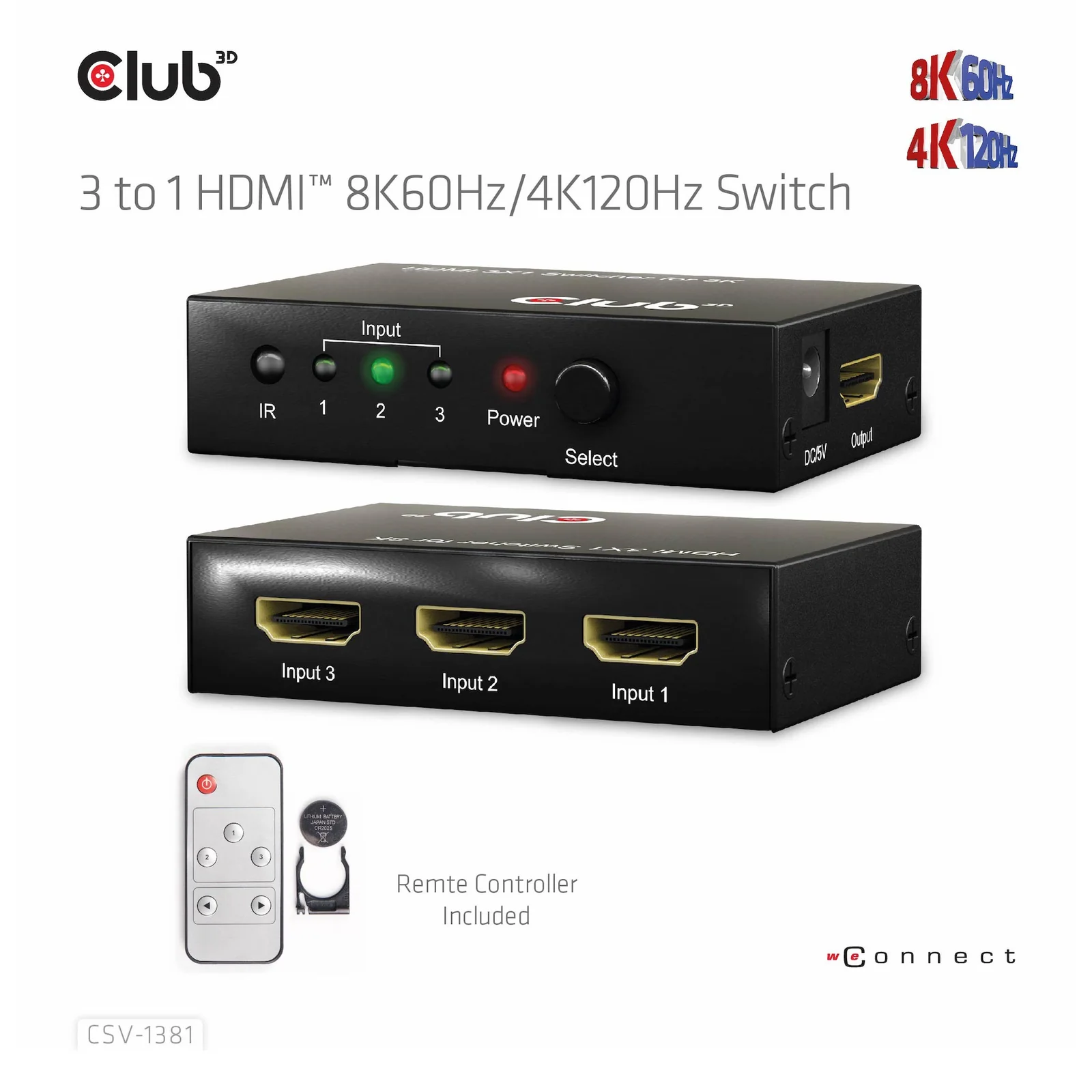 CLUB3D 3 to 1 HDMI 8K60Hz Switch commutateur écran, clavier et souris Noir