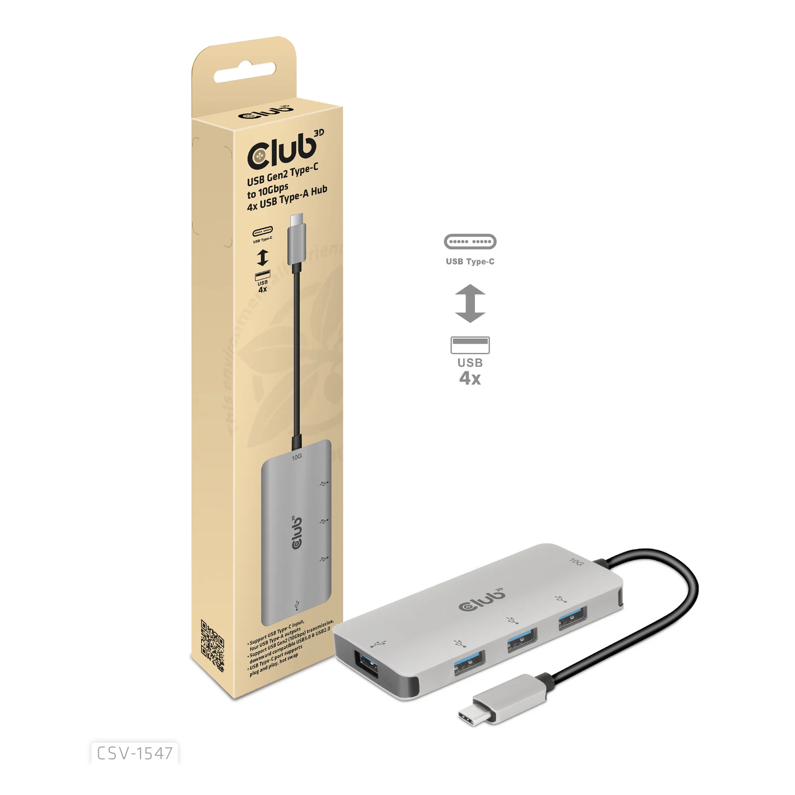 CLUB3D 4-Port USB-A Hub for USB-C – 10Gbps Fast Transfer