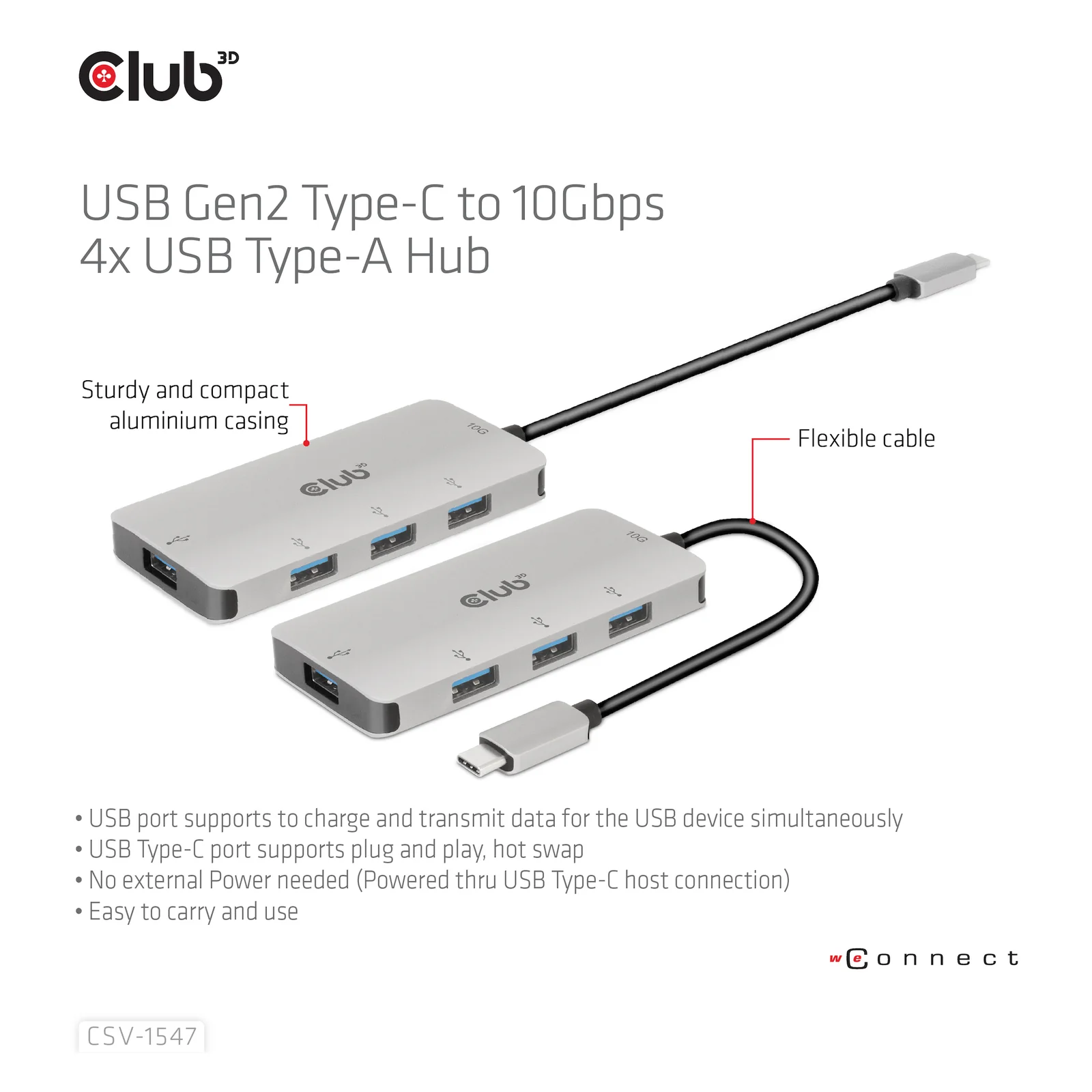 CLUB3D 4-Port USB-A Hub for USB-C – 10Gbps Fast Transfer