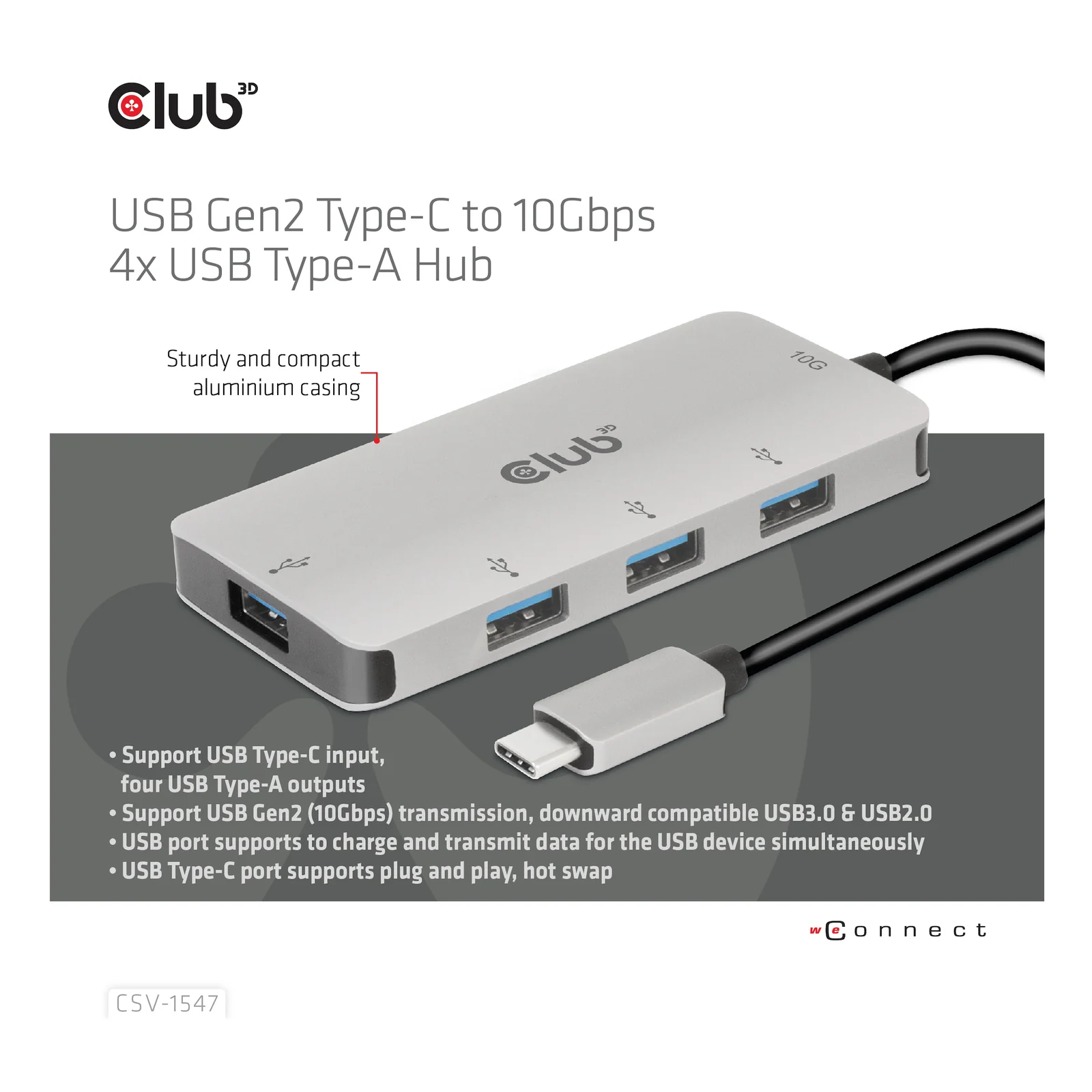 CLUB3D 4-Port USB-A Hub for USB-C – 10Gbps Fast Transfer