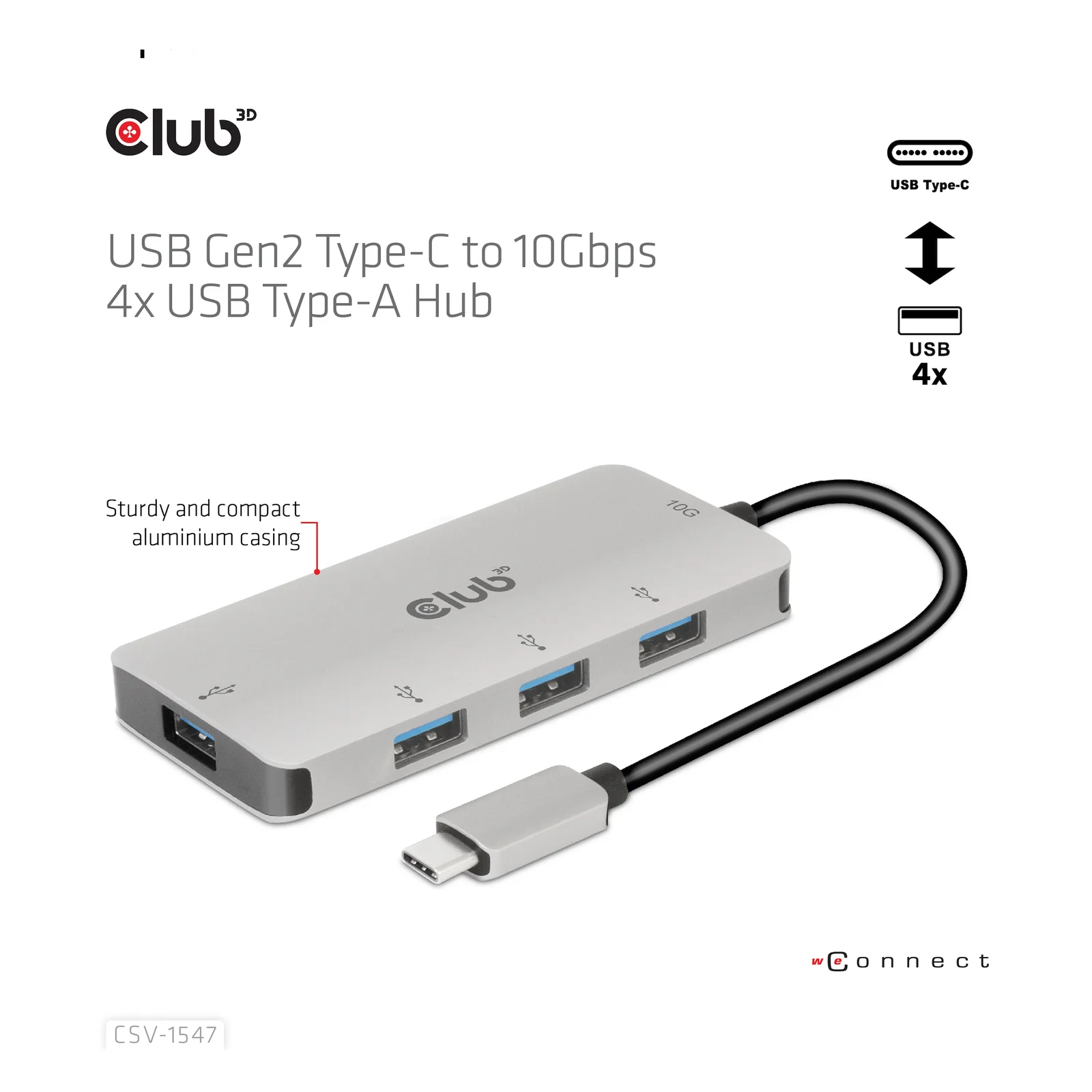 CLUB3D 4-Port USB-A Hub for USB-C – 10Gbps Fast Transfer