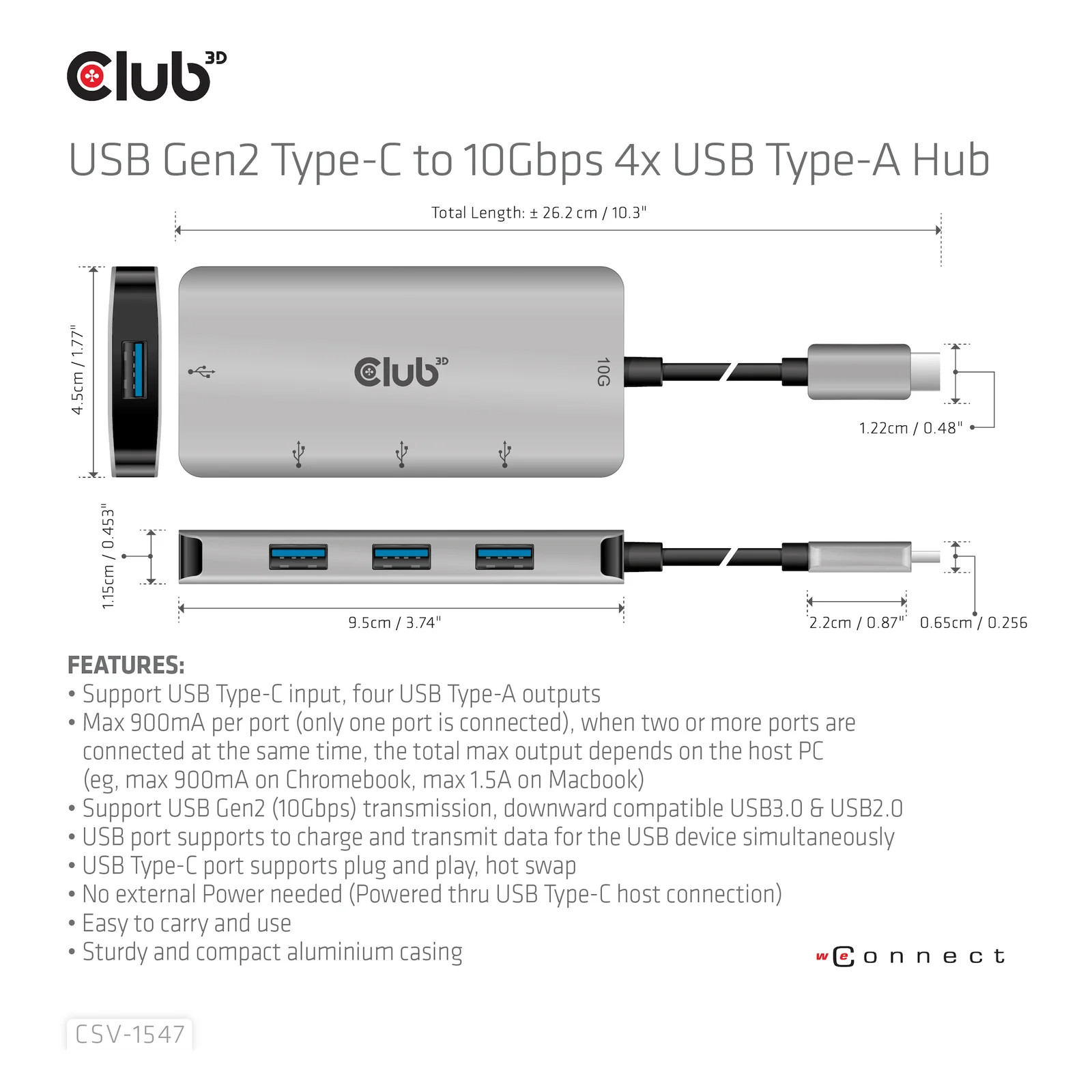 CLUB3D 4-Port USB-A Hub for USB-C – 10Gbps Fast Transfer