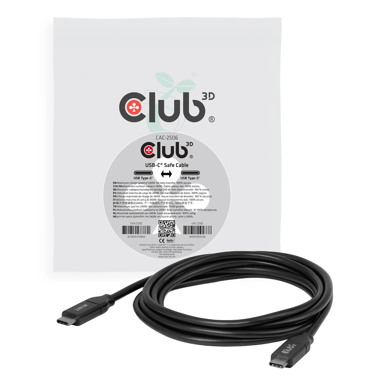 CLUB3D Câble USB-C® sécurisé 240 W sans transmission de données, 2 m / 6,56 pi