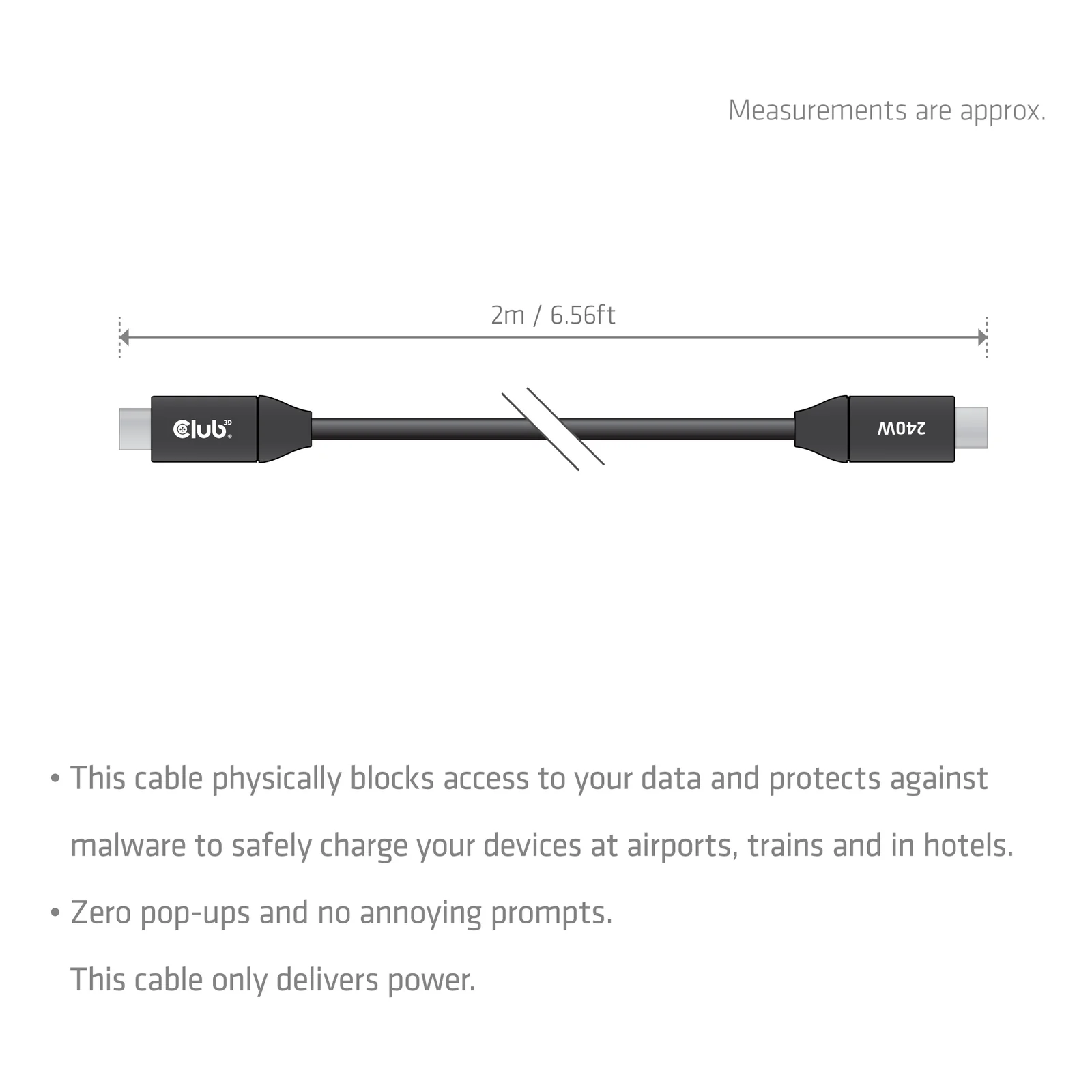 CLUB3D Câble USB-C® sécurisé 240 W sans transmission de données, 2 m / 6,56 pi