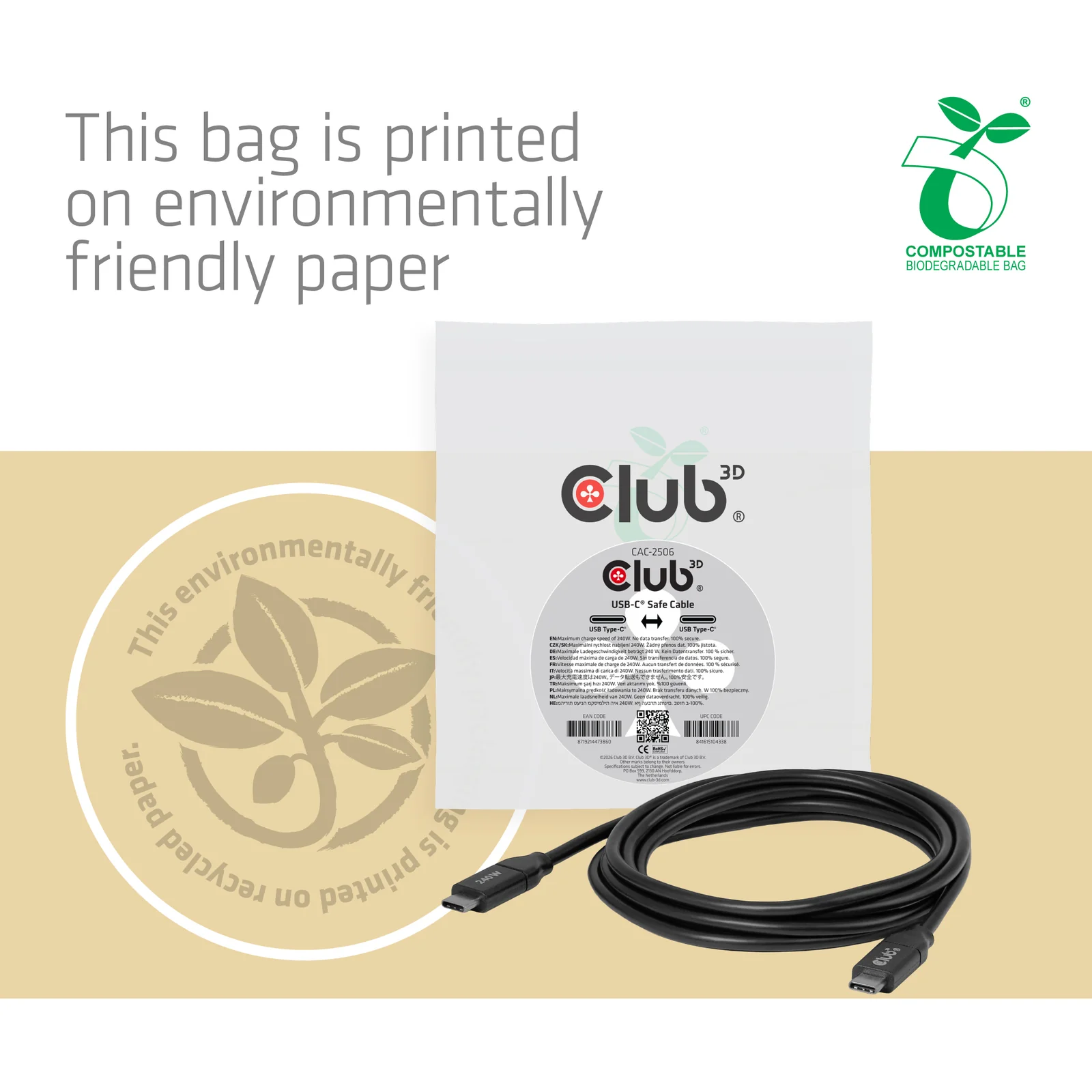 CLUB3D Câble USB-C® sécurisé 240 W sans transmission de données, 2 m / 6,56 pi