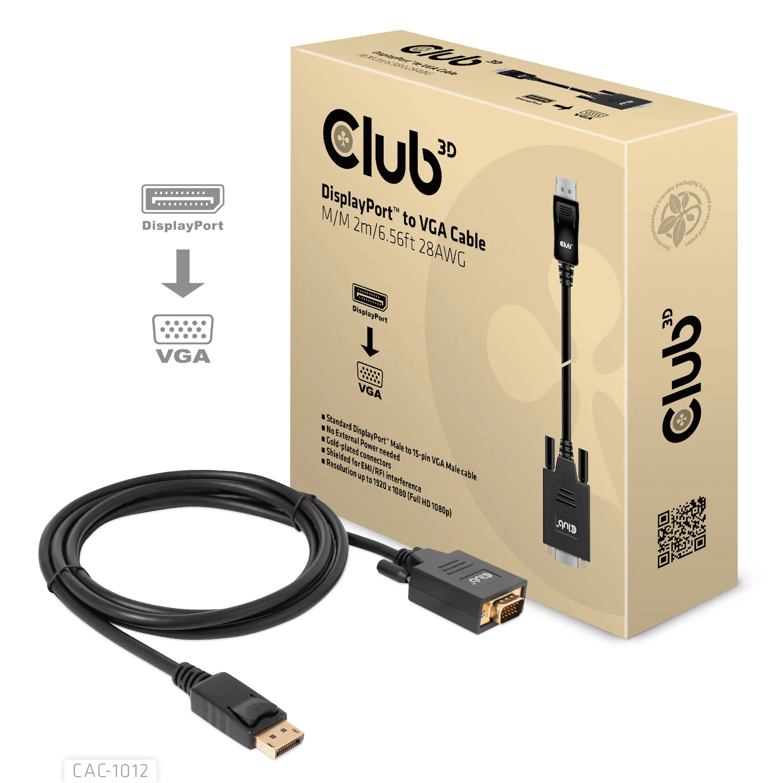 CLUB3D CAC-1012 câble vidéo et adaptateur 2 m DisplayPort VGA (D-Sub) Noir