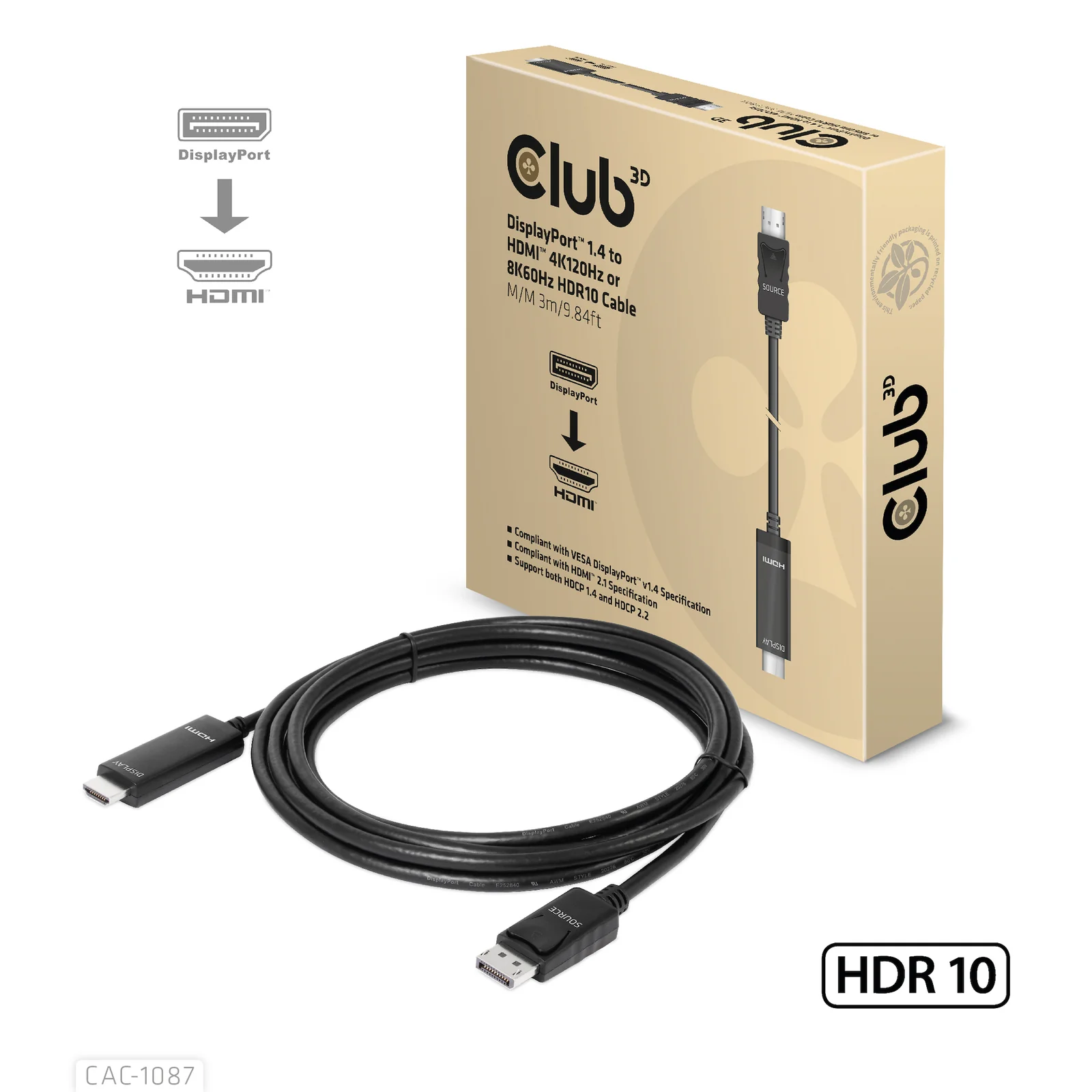 CLUB3D CAC-1087 câble vidéo et adaptateur 3 m DisplayPort HDMI Noir