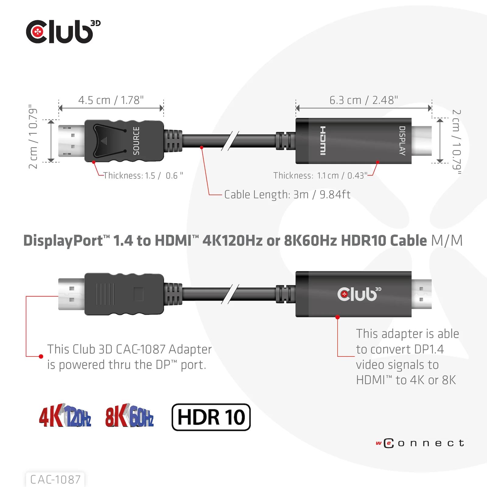 CLUB3D CAC-1087 câble vidéo et adaptateur 3 m DisplayPort HDMI Noir