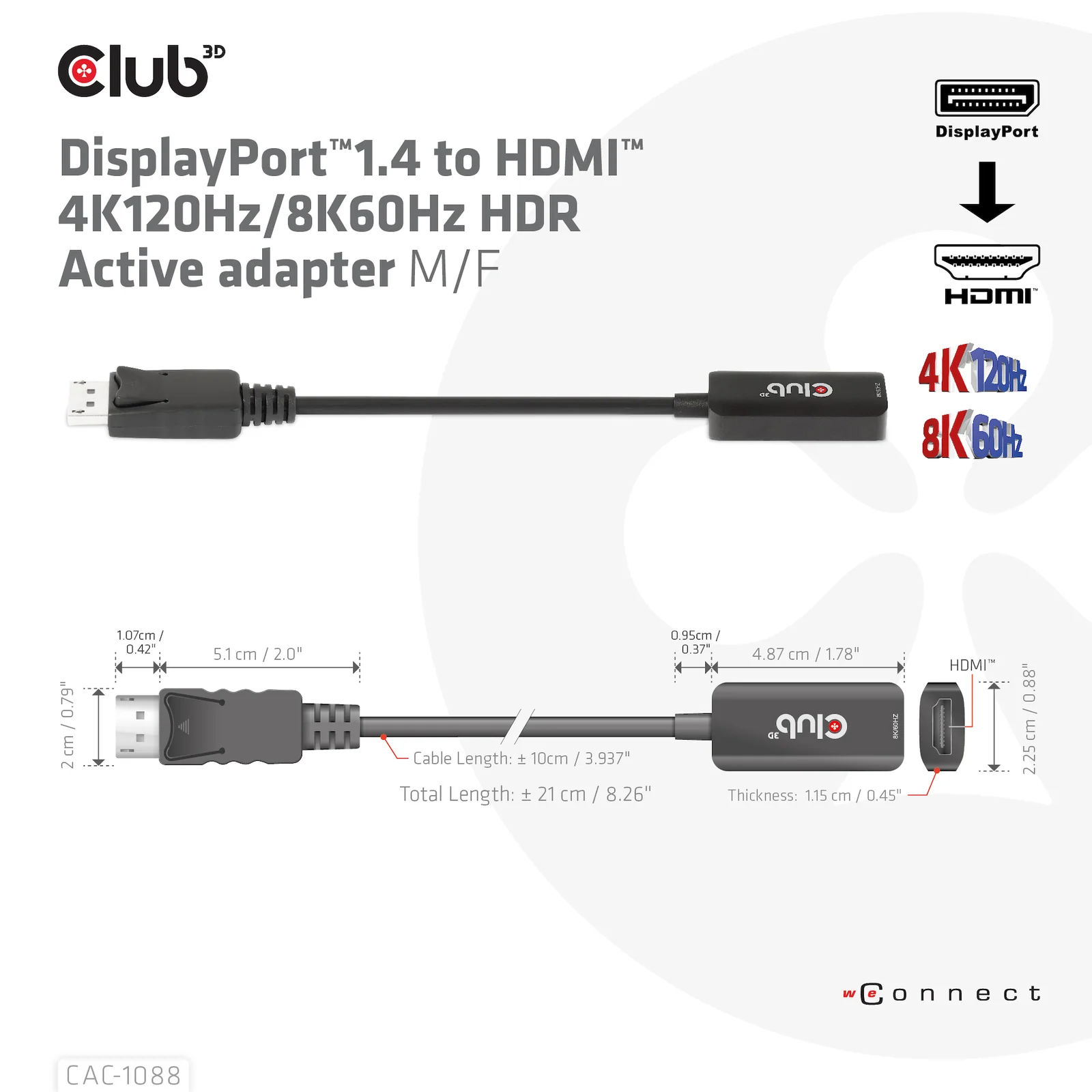 CLUB3D CAC-1088 câble vidéo et adaptateur 0,21 m DisplayPort HDMI Noir
