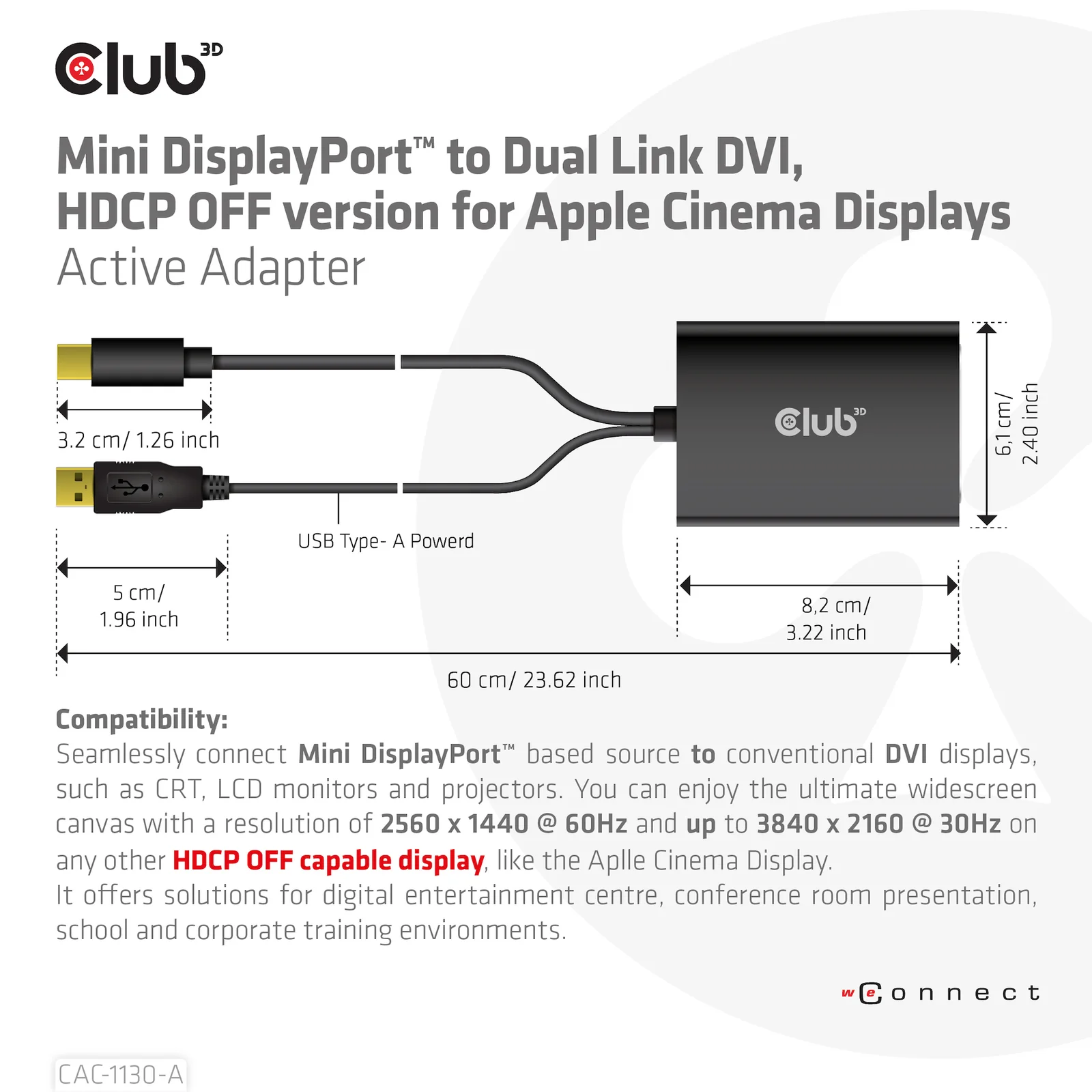 CLUB3D CAC-1130-A câble vidéo et adaptateur 0,6 m DVI-D Mini DisplayPort + USB Type-A Noir