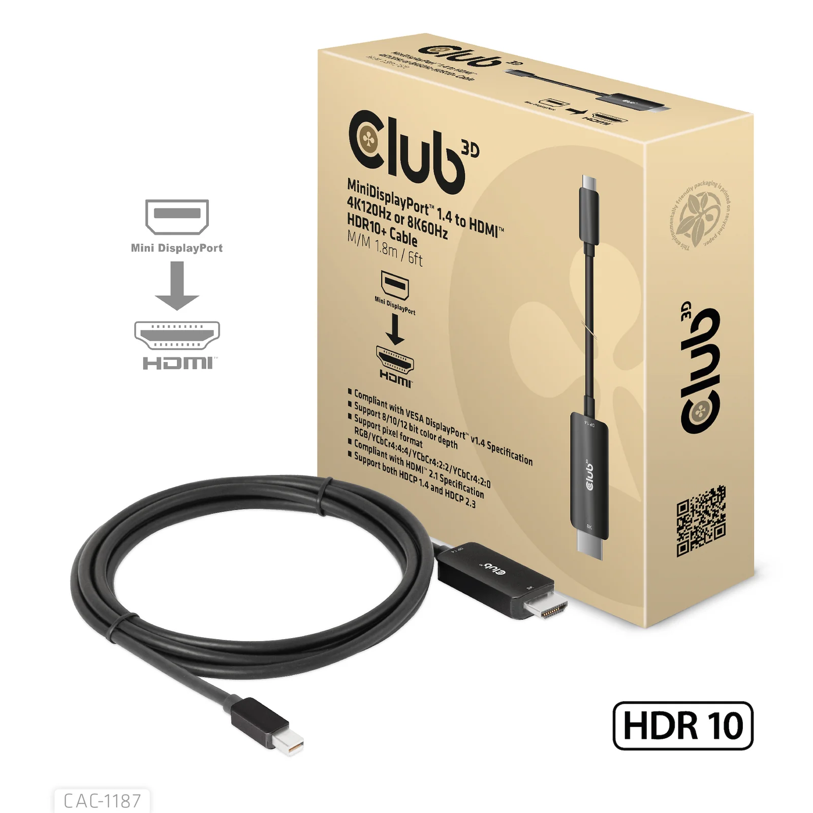 CLUB3D CAC-1187 câble vidéo et adaptateur 1,8 m Mini DisplayPort HDMI Noir