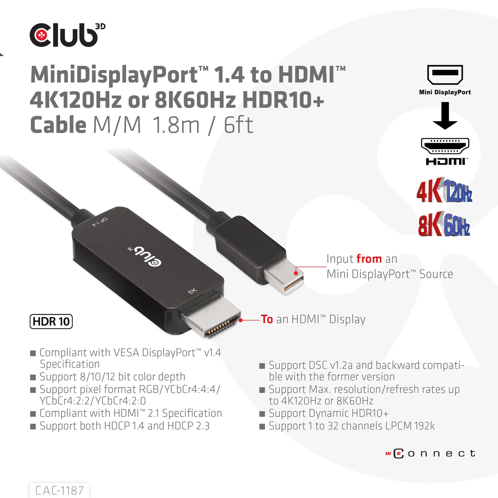 CLUB3D CAC-1187 câble vidéo et adaptateur 1,8 m Mini DisplayPort HDMI Noir