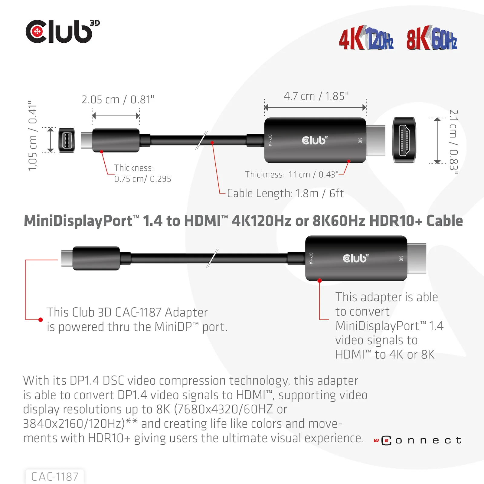 CLUB3D CAC-1187 câble vidéo et adaptateur 1,8 m Mini DisplayPort HDMI Noir