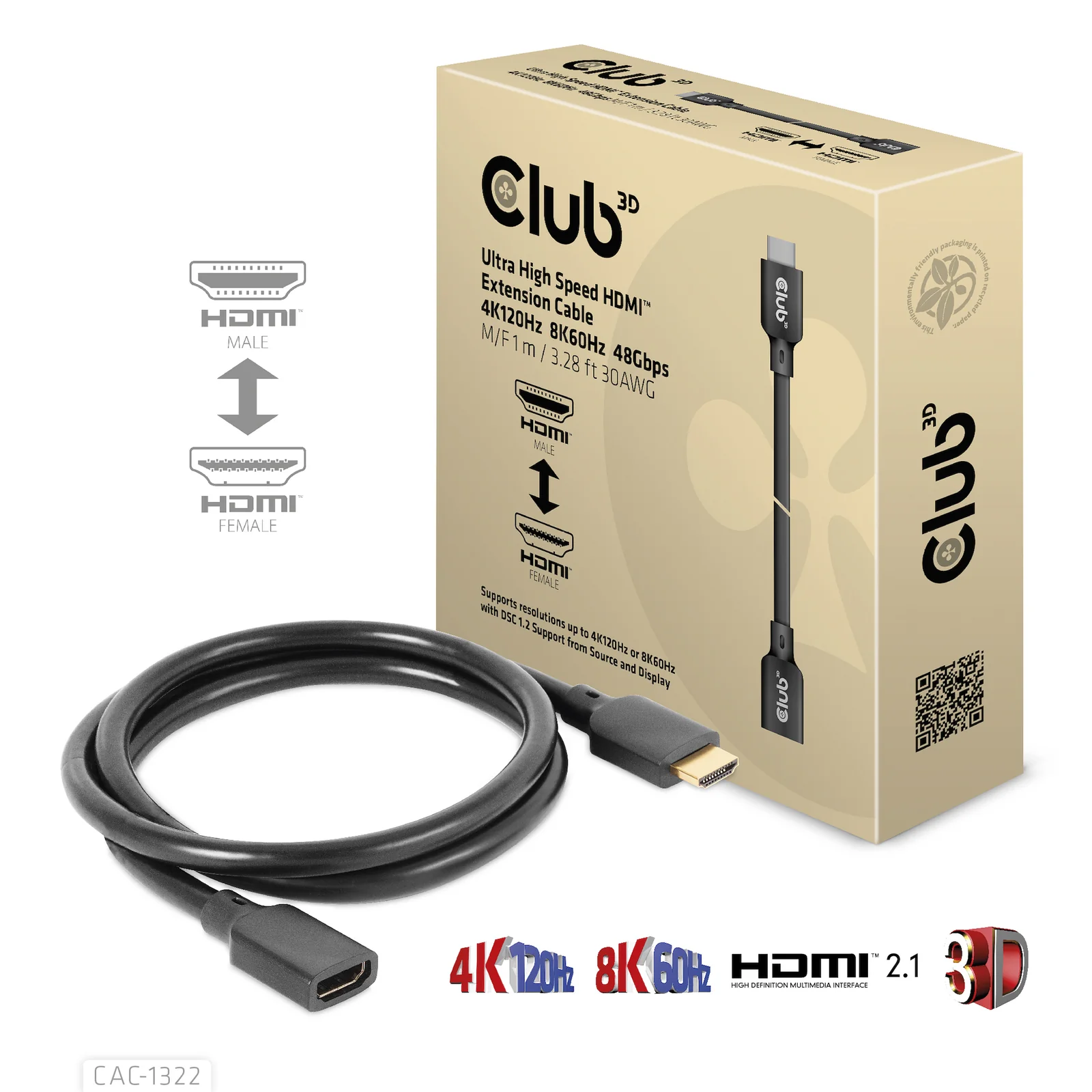 CLUB3D CAC-1322 câble HDMI 1 m HDMI Type A (Standard) Noir