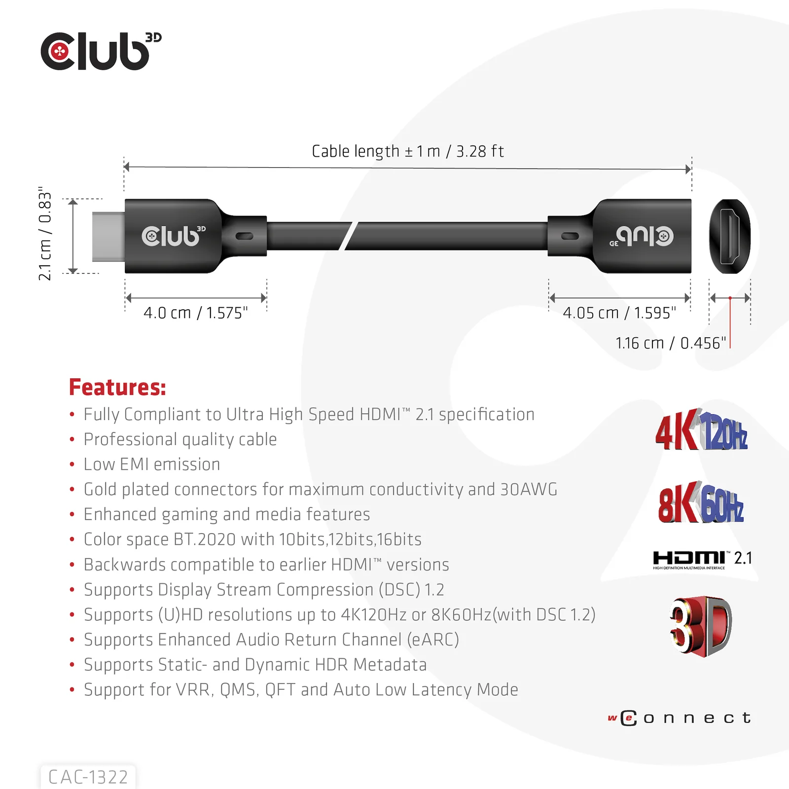 CLUB3D CAC-1322 câble HDMI 1 m HDMI Type A (Standard) Noir
