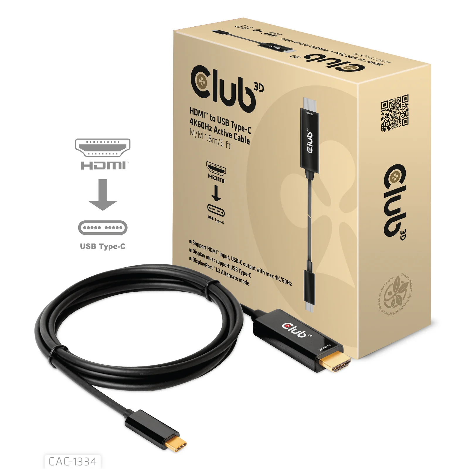CLUB3D CAC-1334 câble vidéo et adaptateur 1,8 m HDMI Type A (Standard) USB Type-C Noir