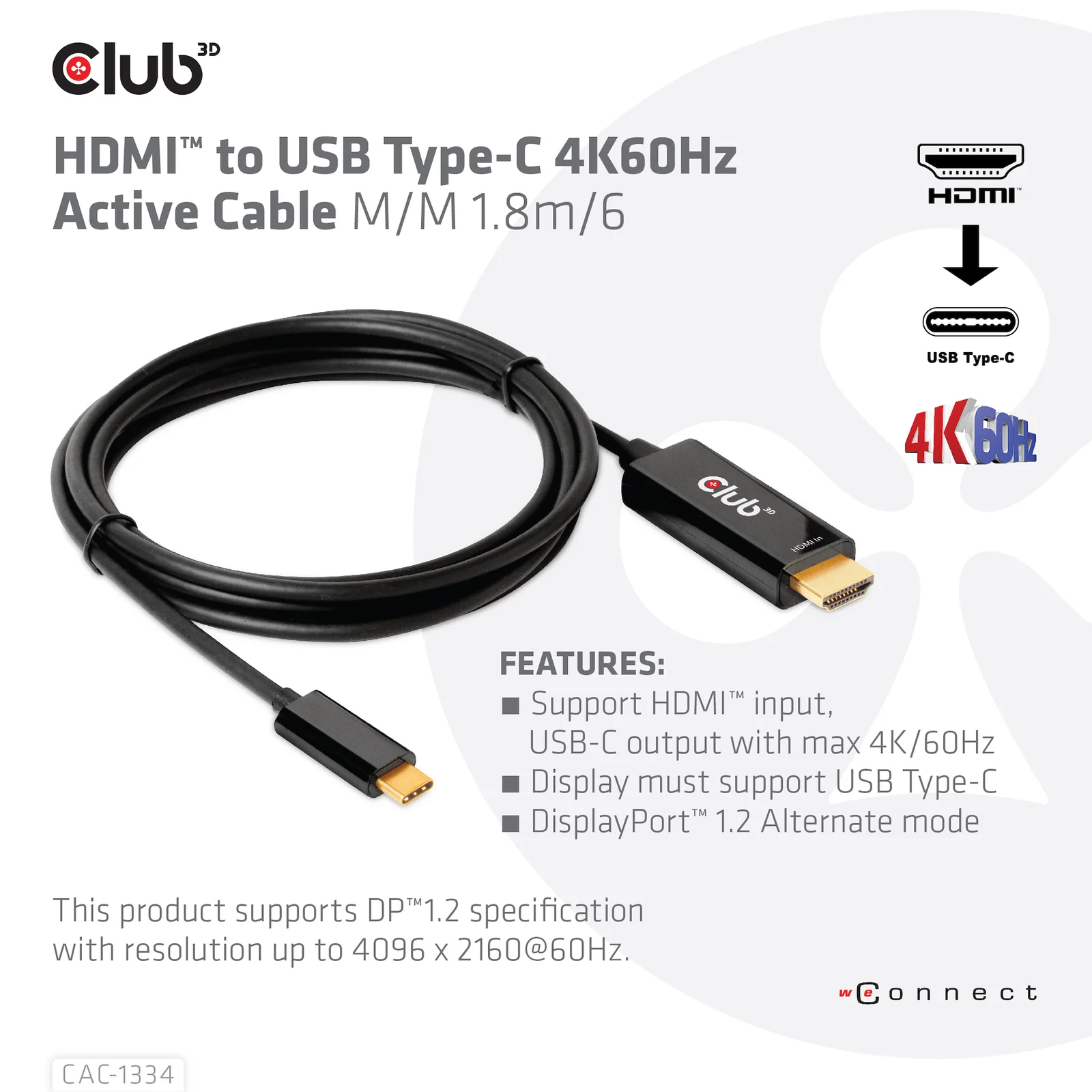 CLUB3D CAC-1334 câble vidéo et adaptateur 1,8 m HDMI Type A (Standard) USB Type-C Noir