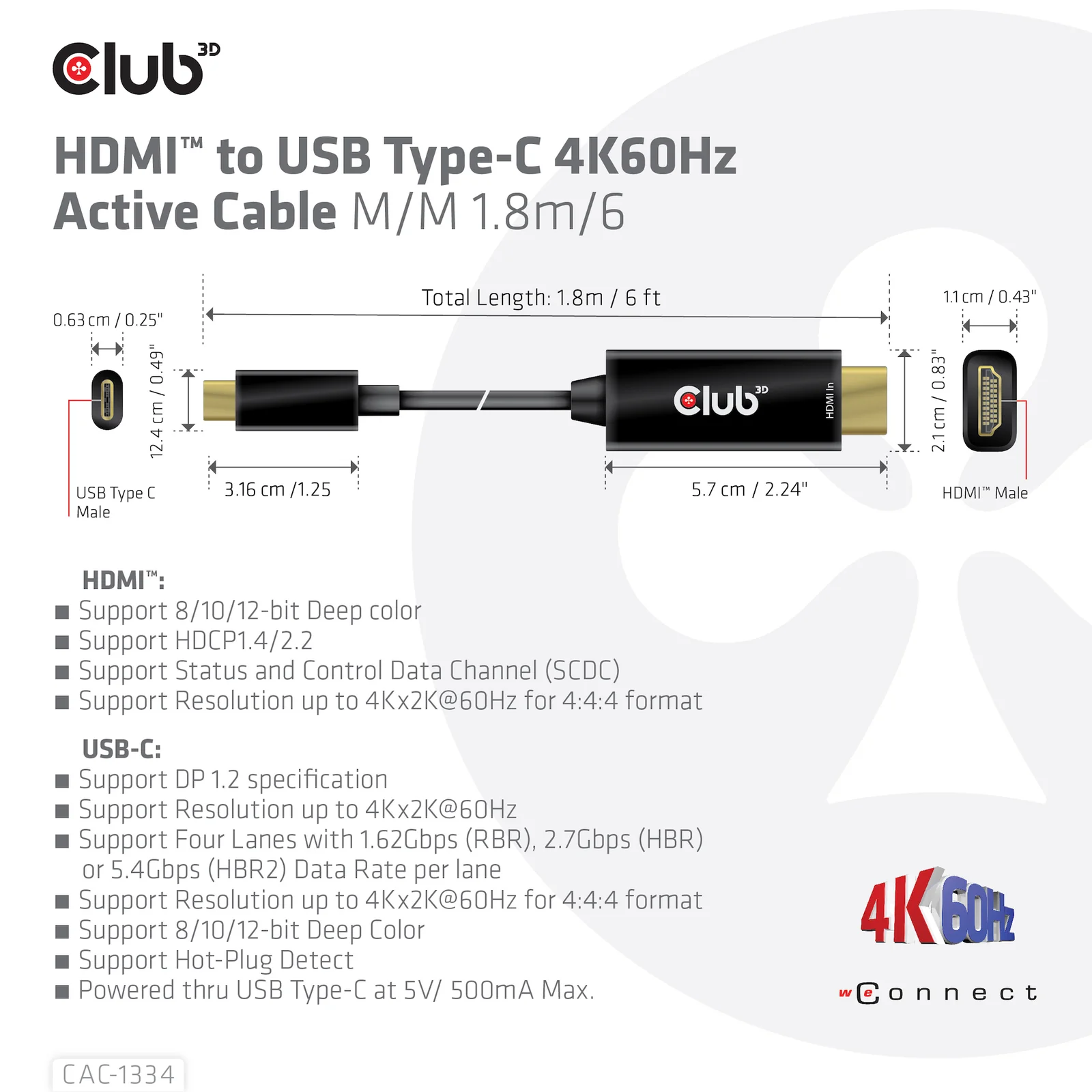 CLUB3D CAC-1334 câble vidéo et adaptateur 1,8 m HDMI Type A (Standard) USB Type-C Noir
