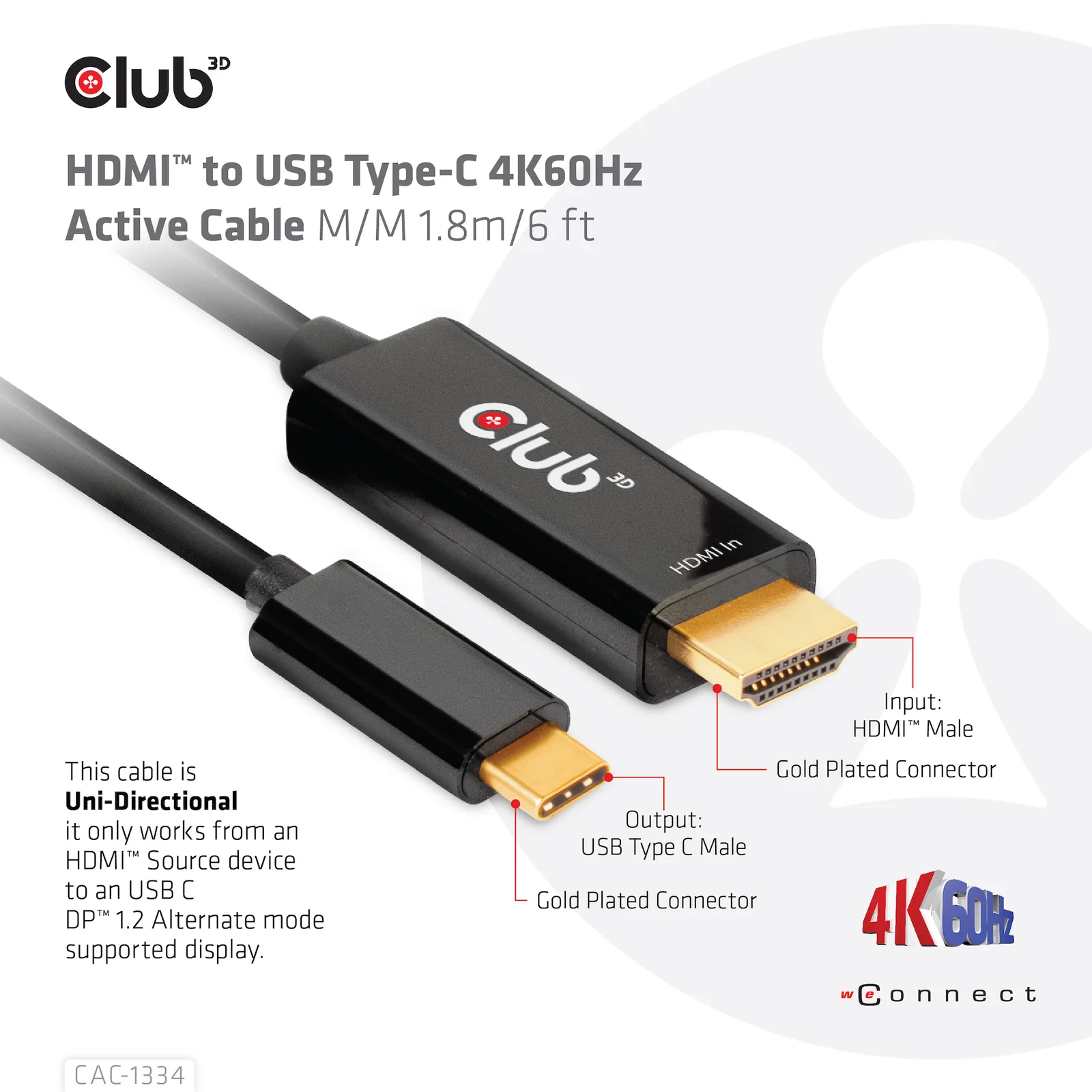 CLUB3D CAC-1334 câble vidéo et adaptateur 1,8 m HDMI Type A (Standard) USB Type-C Noir