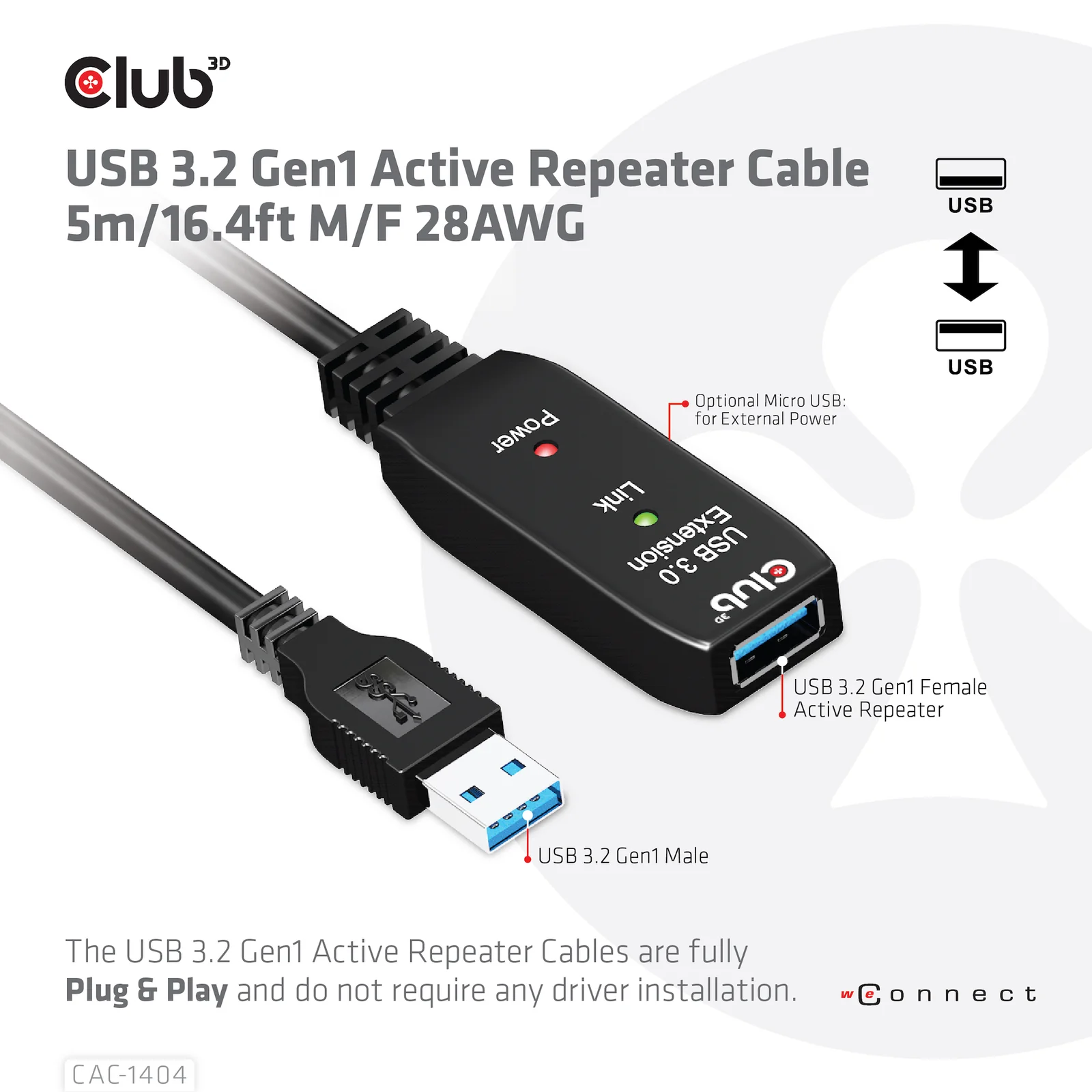 CLUB3D CAC-1404 câble USB USB 3.2 Gen 1 (3.1 Gen 1) 5 m USB A 5 Gbit/s Noir