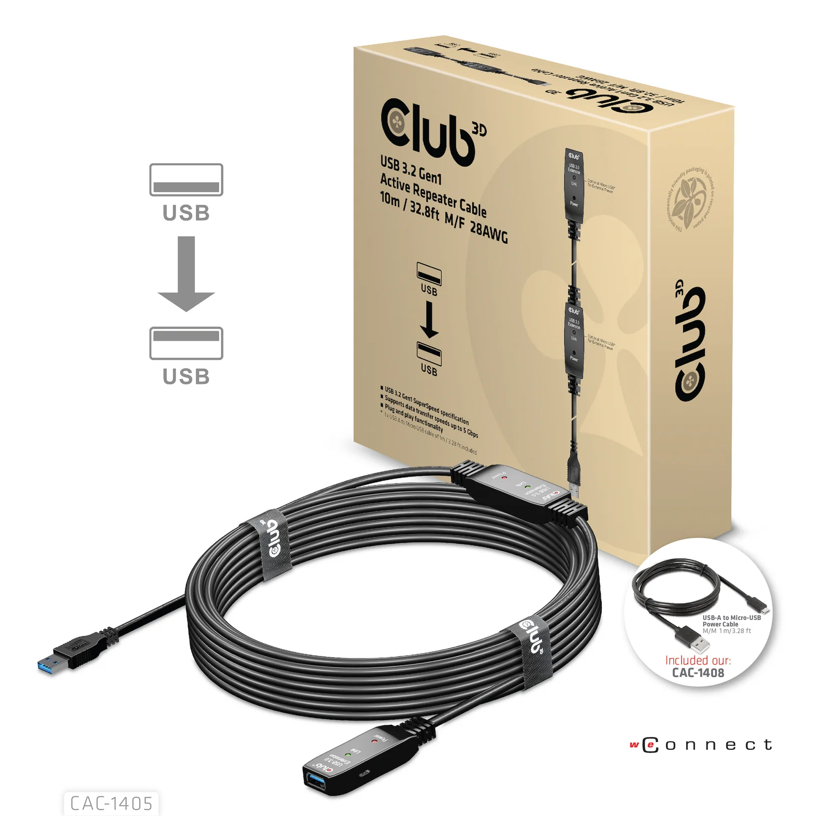 CLUB3D CAC-1405 câble USB USB 3.2 Gen 2 (3.1 Gen 2) 10 m USB A 5 Gbit/s Noir