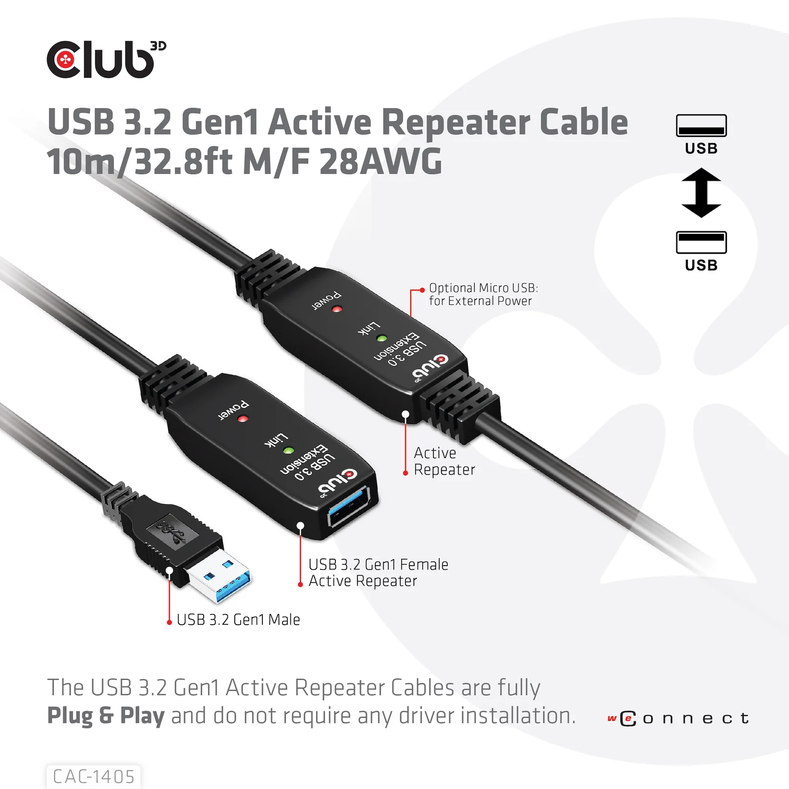 CLUB3D CAC-1405 câble USB USB 3.2 Gen 2 (3.1 Gen 2) 10 m USB A 5 Gbit/s Noir