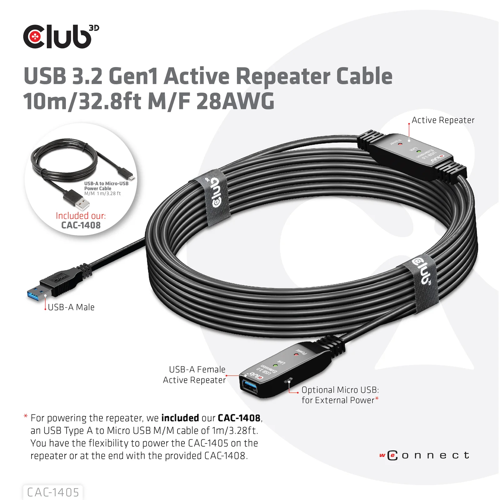 CLUB3D CAC-1405 câble USB USB 3.2 Gen 2 (3.1 Gen 2) 10 m USB A 5 Gbit/s Noir