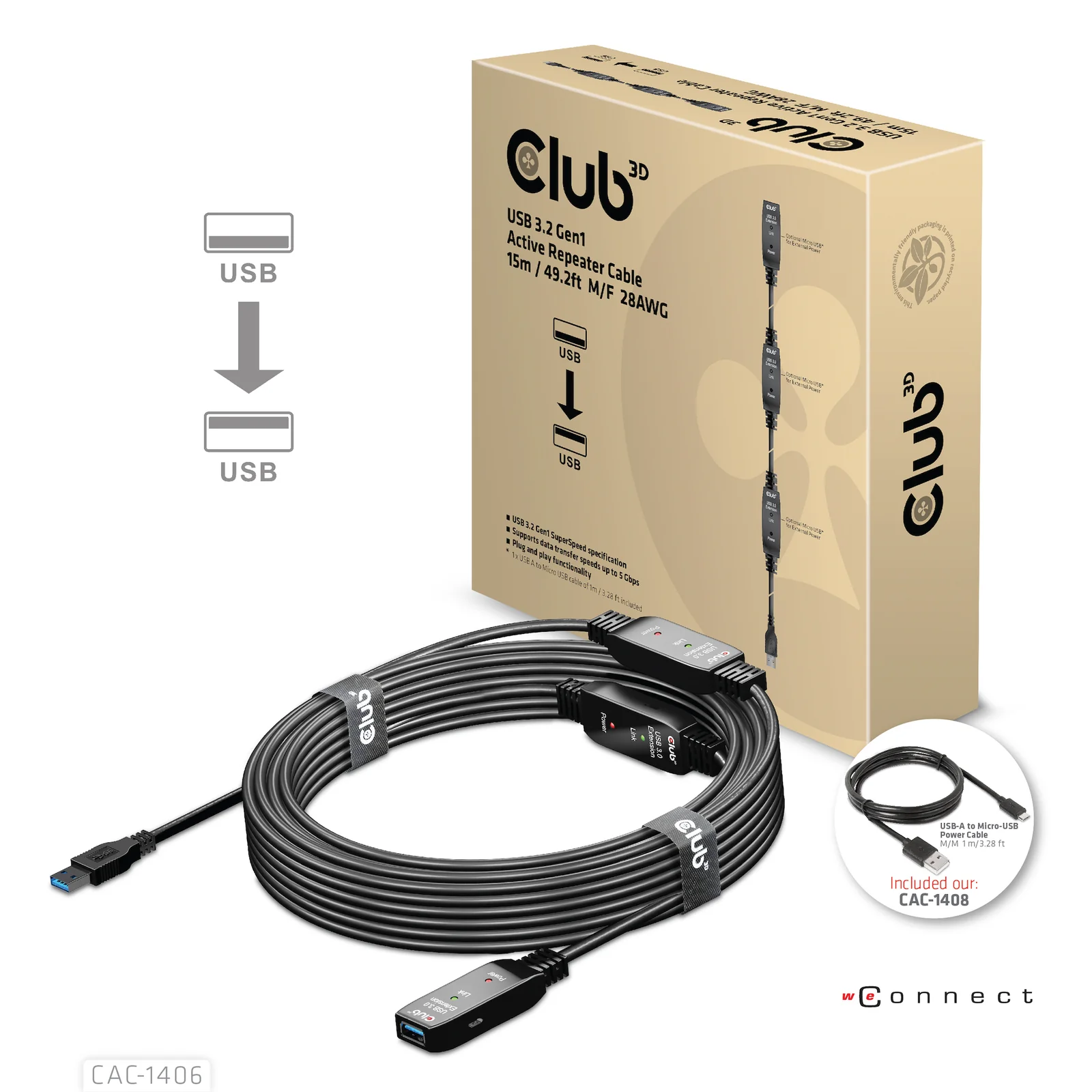 CLUB3D CAC-1406 câble USB USB 3.2 Gen 1 (3.1 Gen 1) 15 m USB A 5 Gbit/s Noir