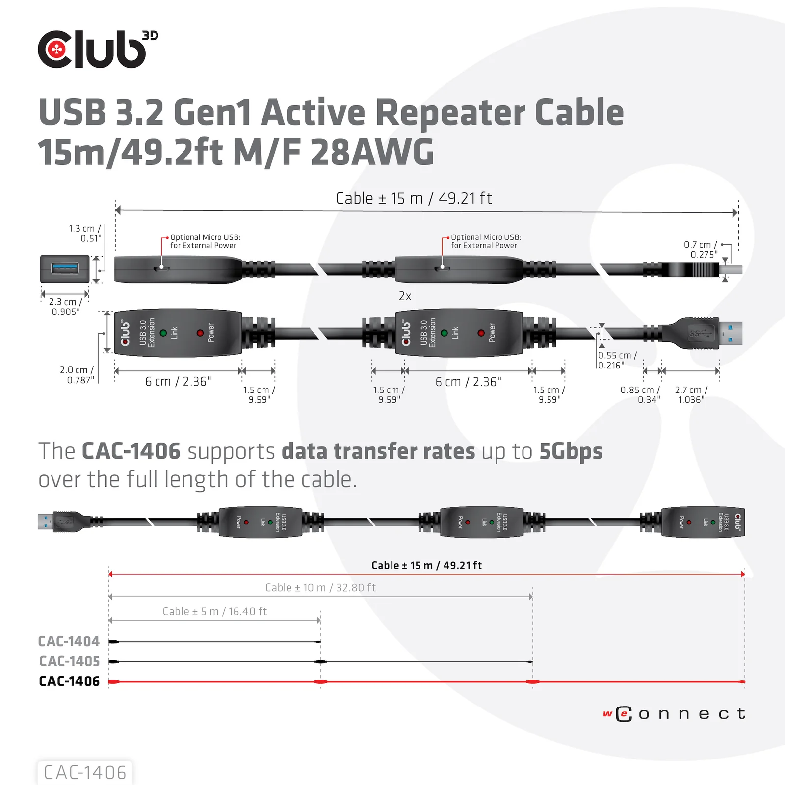 CLUB3D CAC-1406 câble USB USB 3.2 Gen 1 (3.1 Gen 1) 15 m USB A 5 Gbit/s Noir