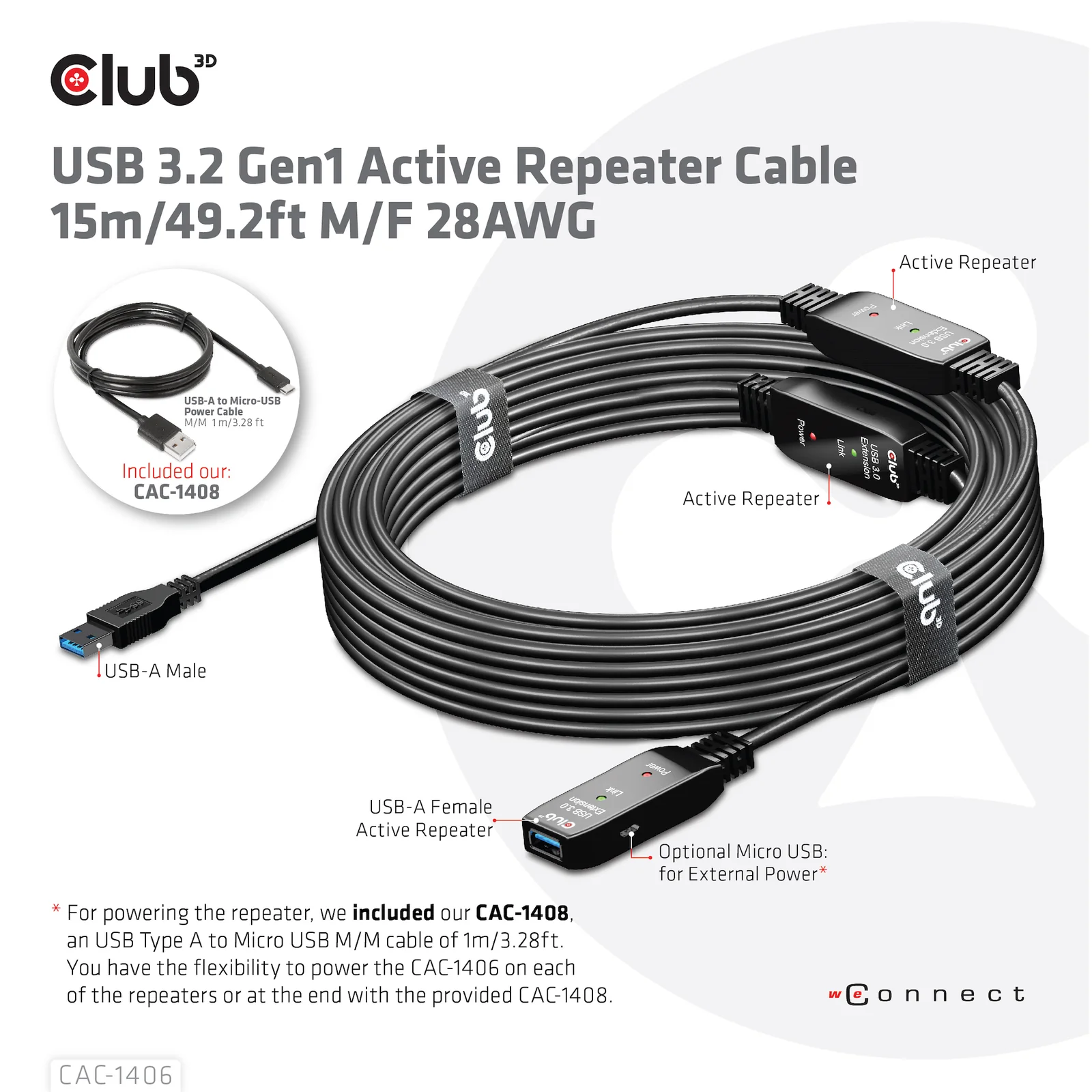 CLUB3D CAC-1406 câble USB USB 3.2 Gen 1 (3.1 Gen 1) 15 m USB A 5 Gbit/s Noir