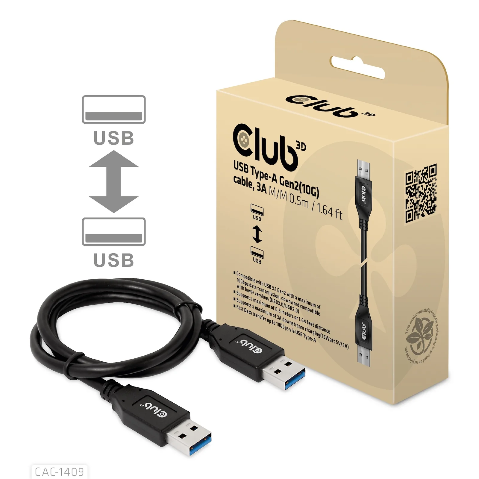 CLUB3D CAC-1409 câble USB USB 3.2 Gen 2 (3.1 Gen 2) 0,5 m USB A 10 Gbit/s 15 W Noir