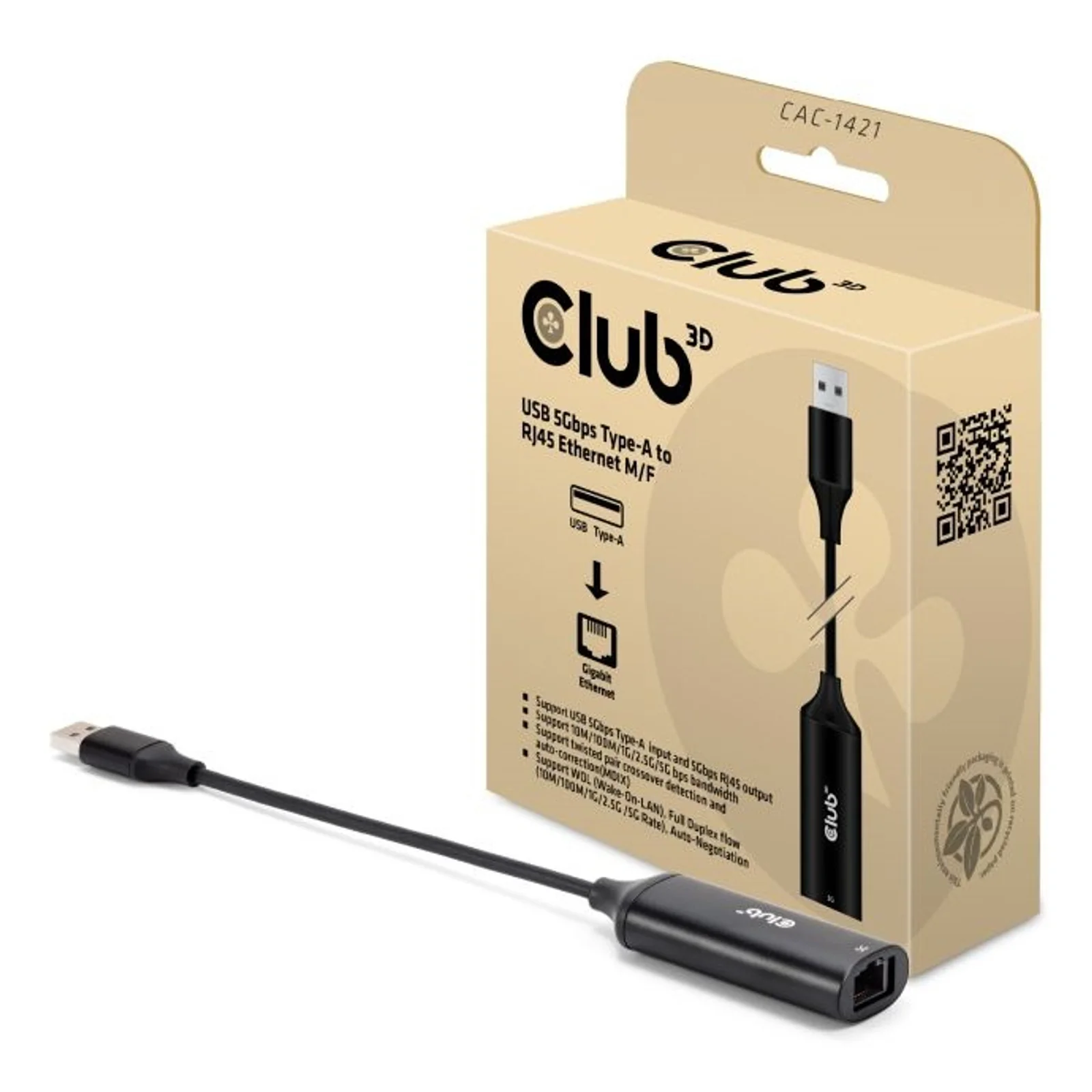 CLUB3D CAC-1421 changeur de genre de câble USB Type-A RJ45 Noir