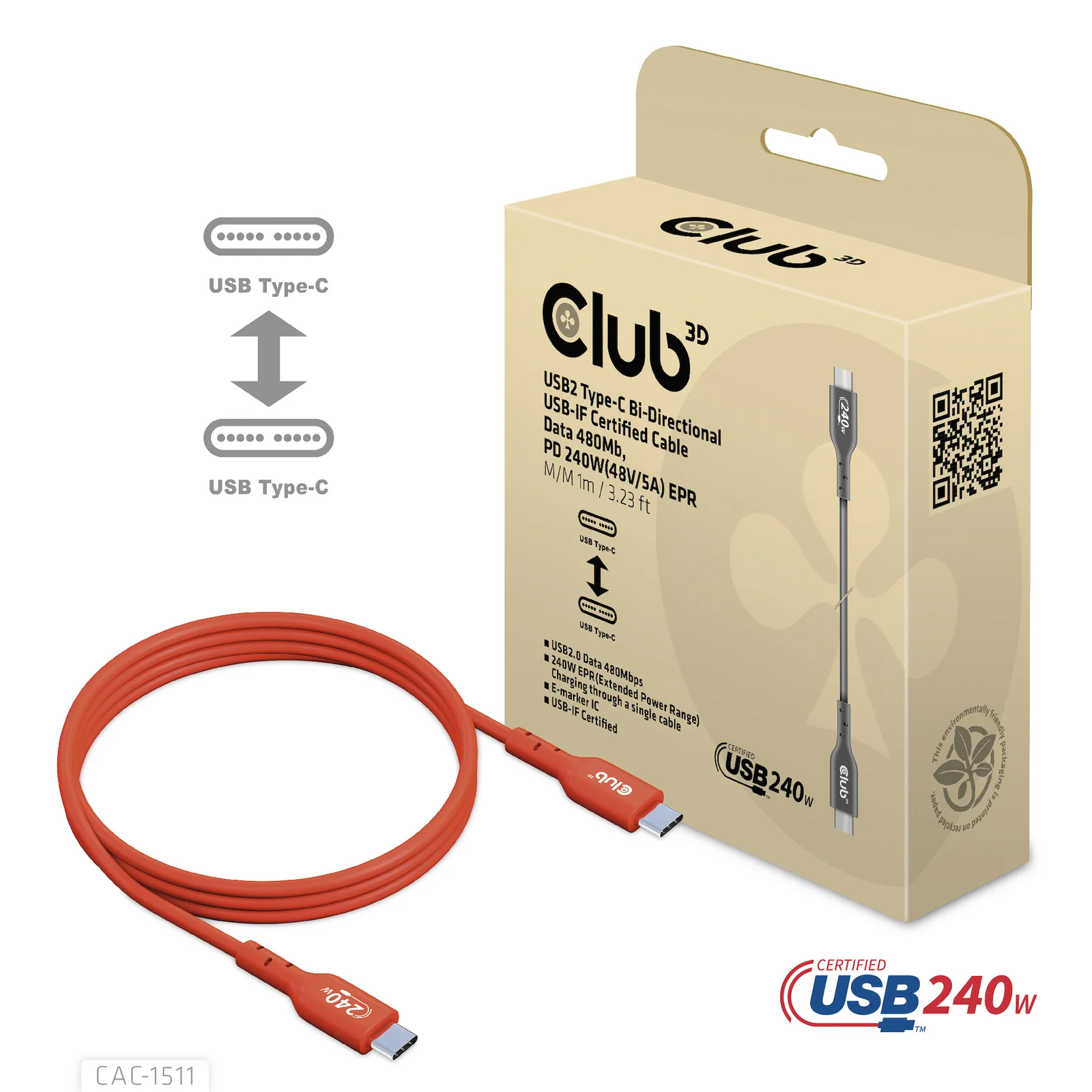 CLUB3D CAC-1511 câble USB USB 2.0 1 m USB C 0,48 Gbit/s 240 W Orange