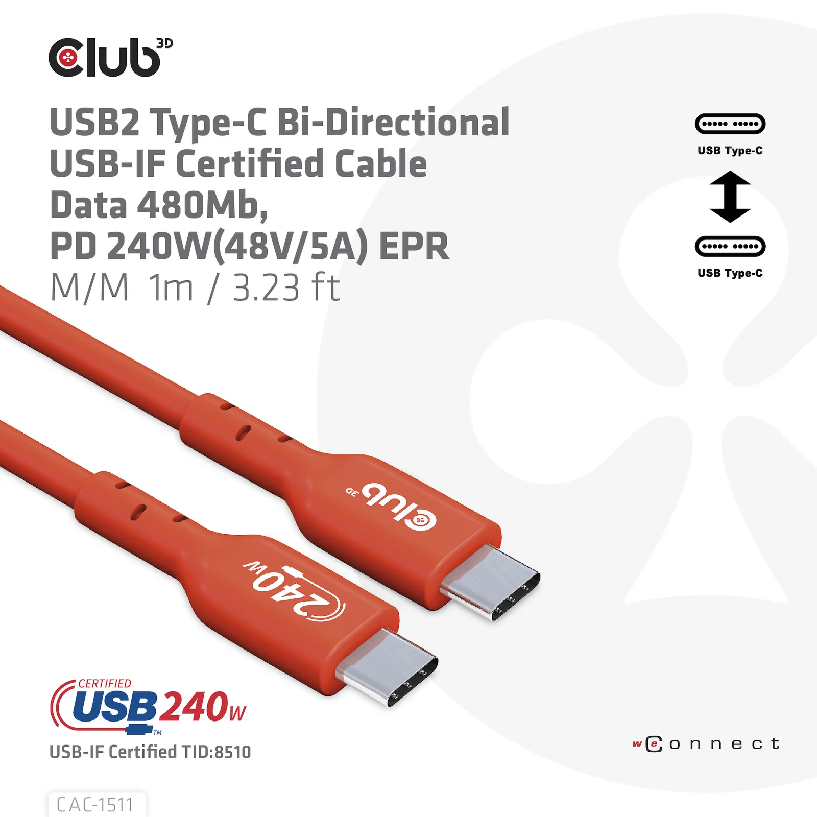 CLUB3D CAC-1511 câble USB USB 2.0 1 m USB C 0,48 Gbit/s 240 W Orange